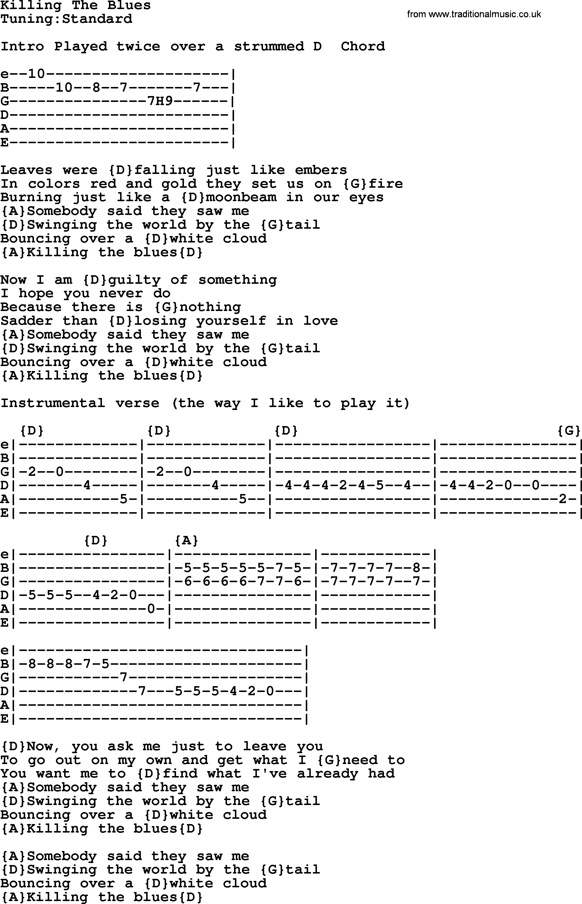 Bluegrass song: Killing The Blues, lyrics and chords