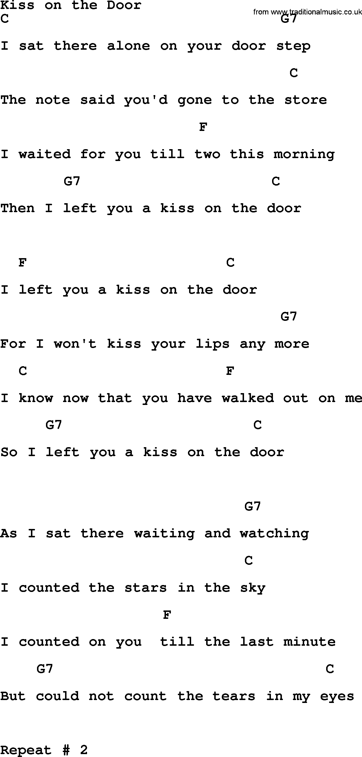 Bluegrass song: Kiss On The Door, lyrics and chords
