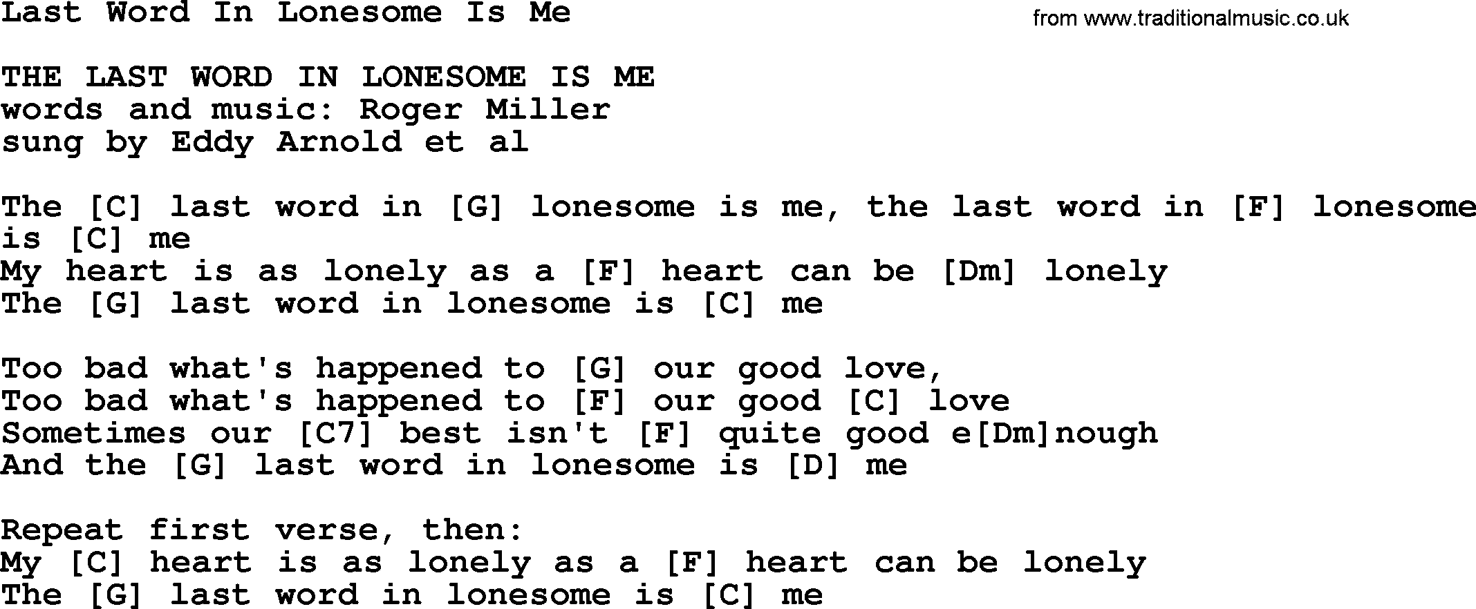 Bluegrass song: Last Word In Lonesome Is Me, lyrics and chords