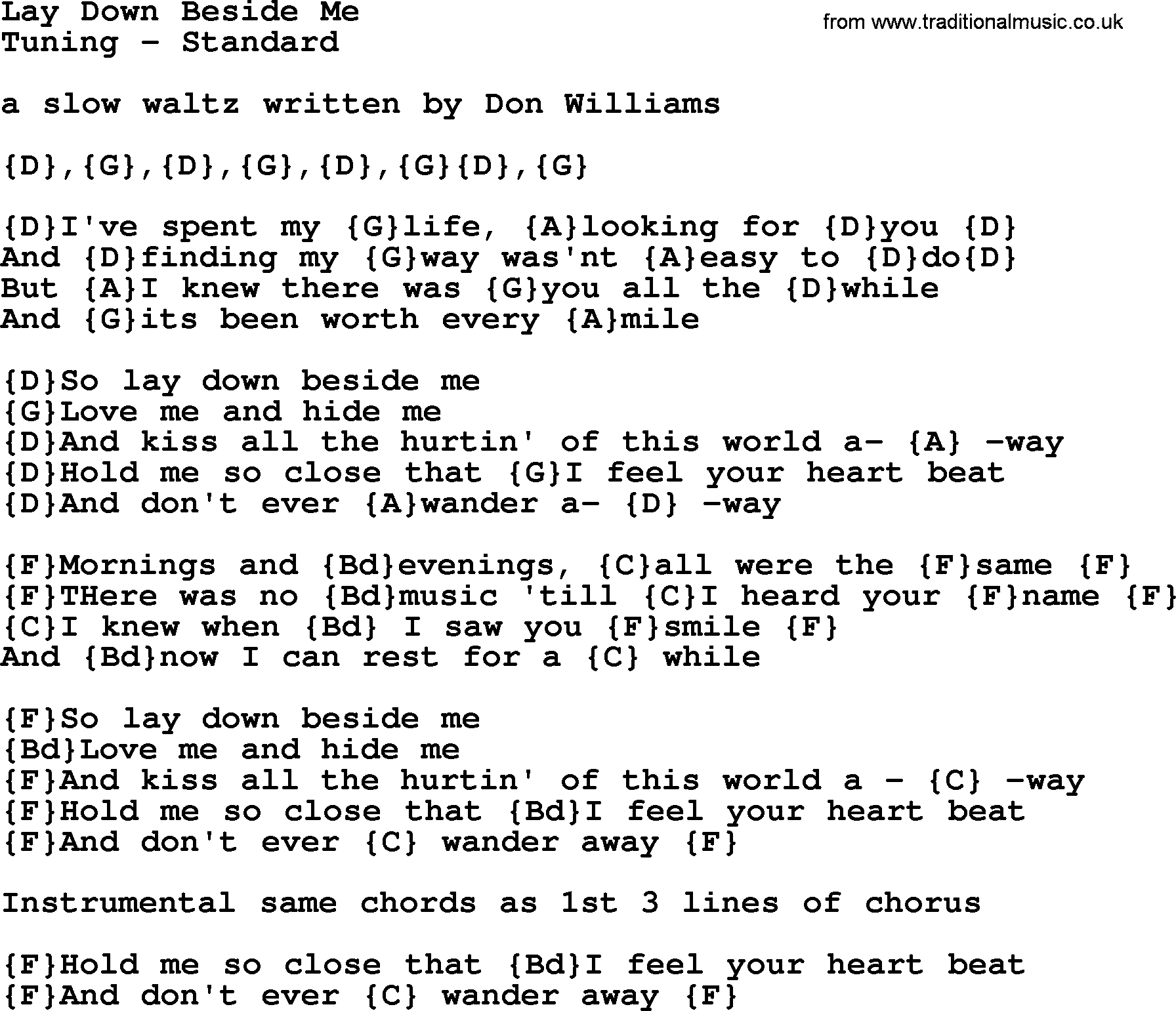 Bluegrass song: Lay Down Beside Me, lyrics and chords