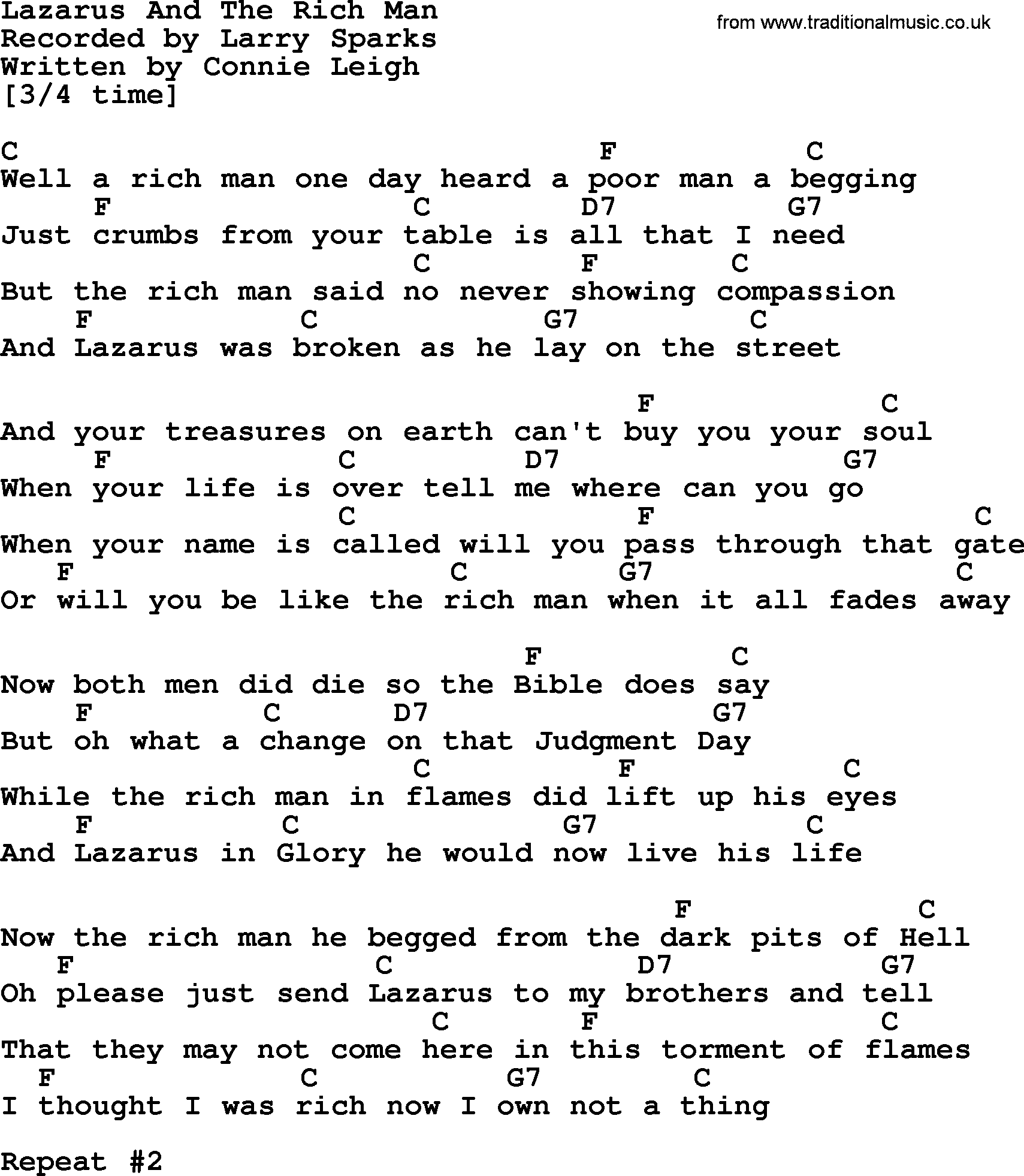 Bluegrass song: Lazarus And The Rich Man, lyrics and chords