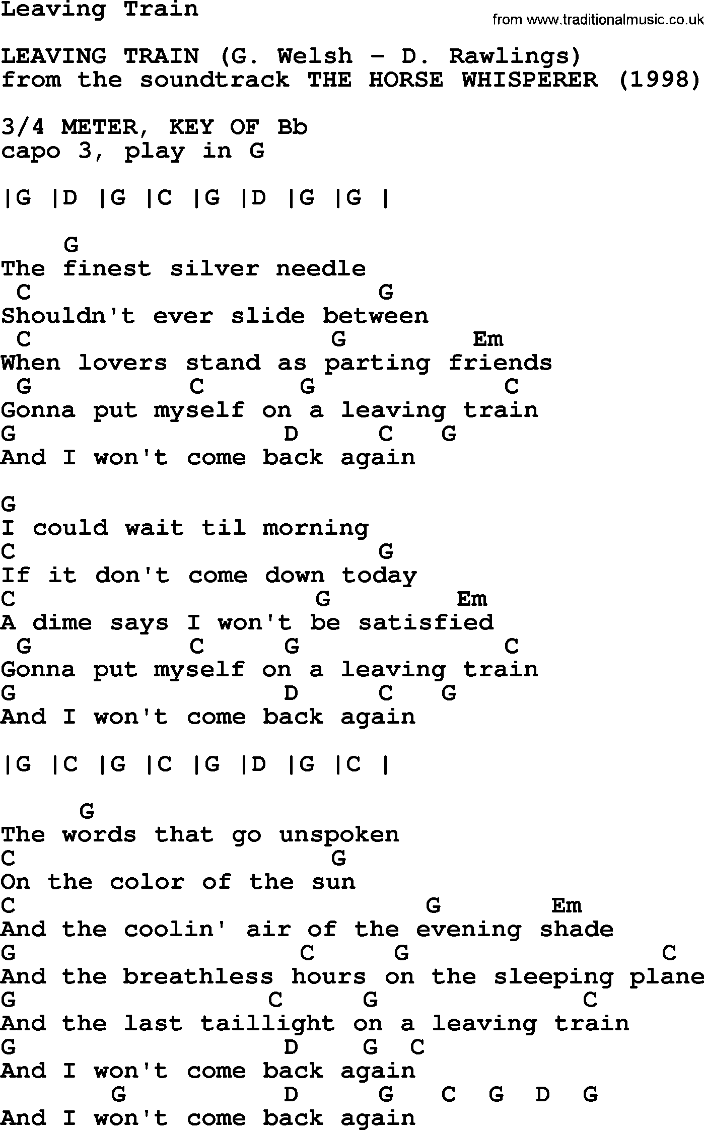 Bluegrass song: Leaving Train, lyrics and chords
