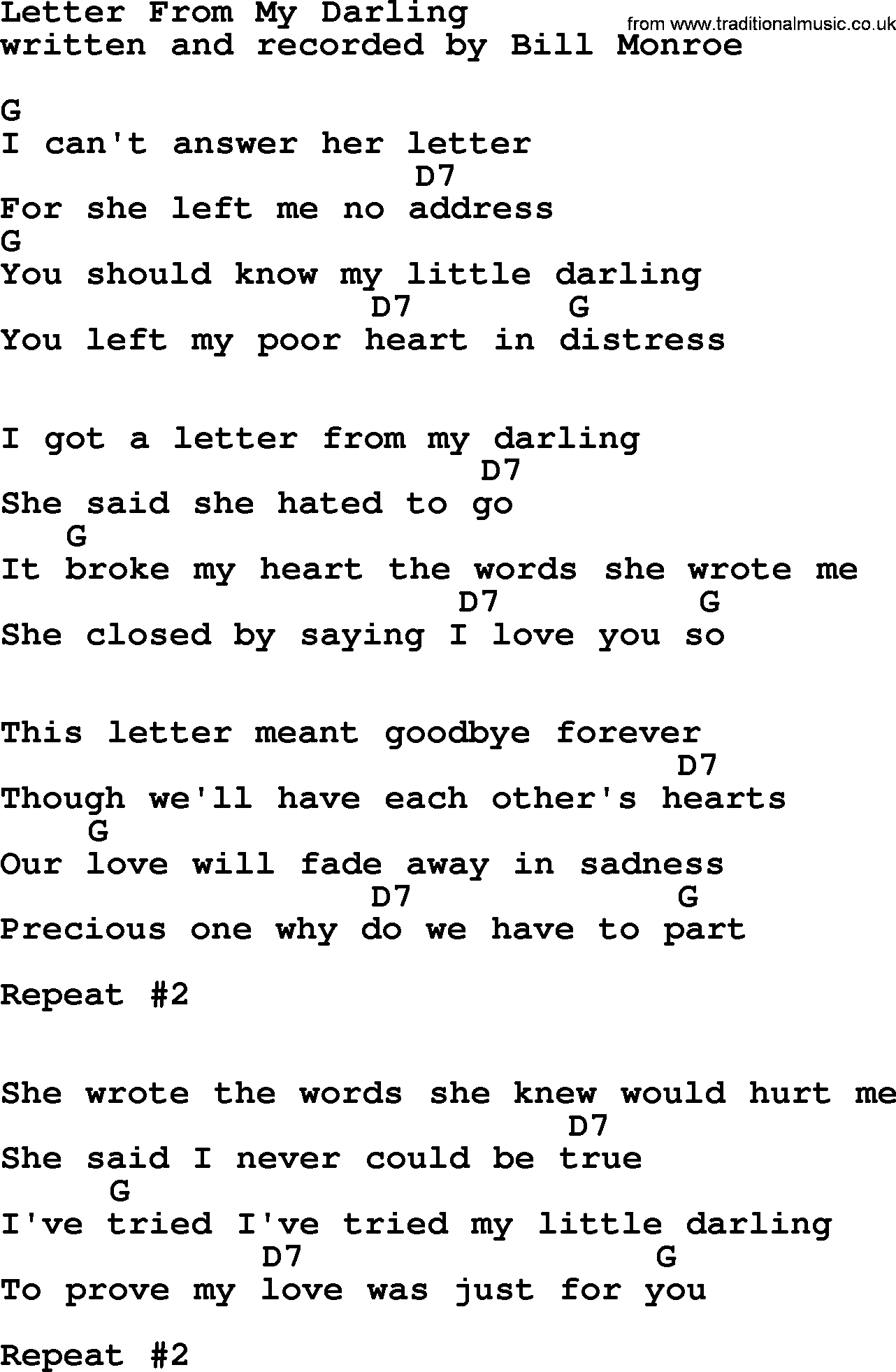 Bluegrass song: Letter From My Darling 1, lyrics and chords
