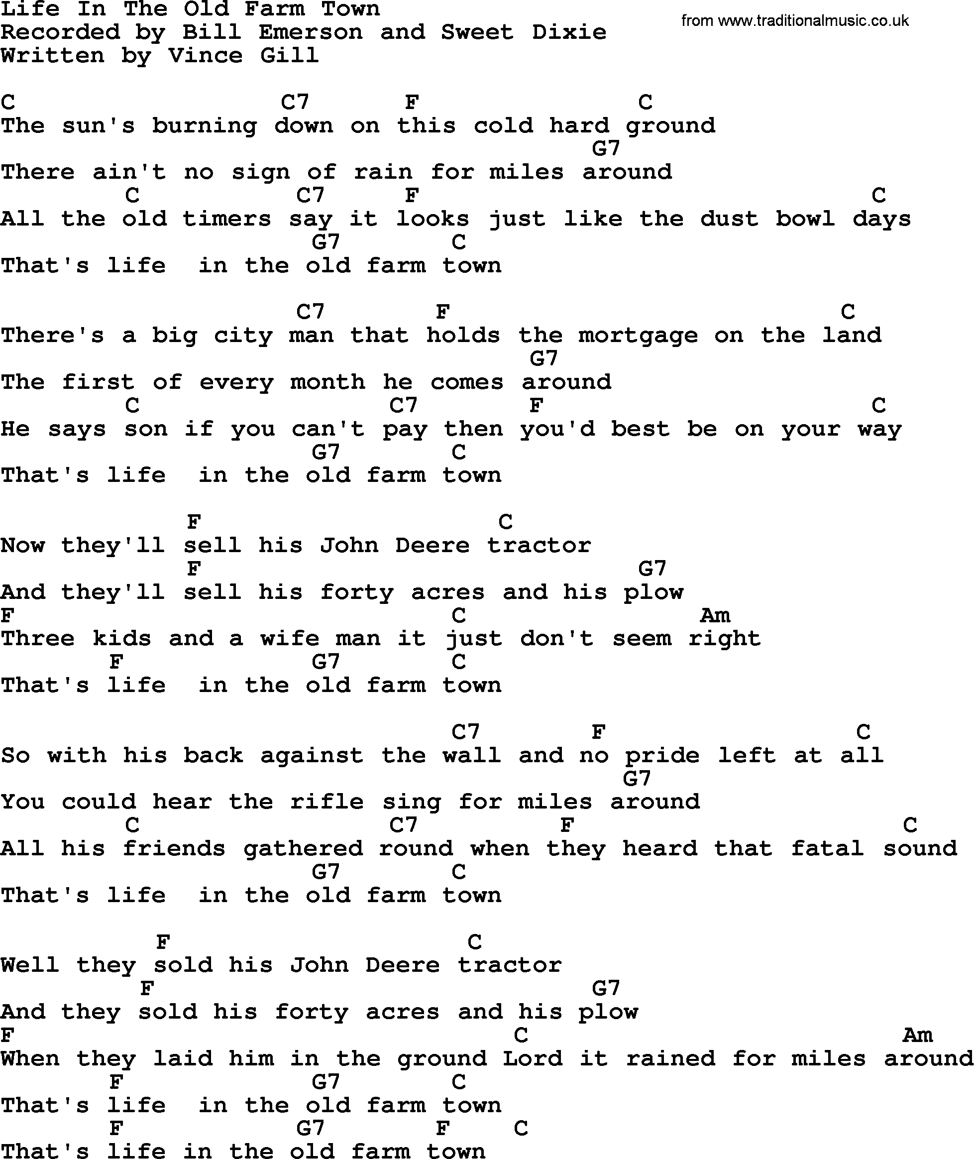 Bluegrass song: Life In The Old Farm Town, lyrics and chords