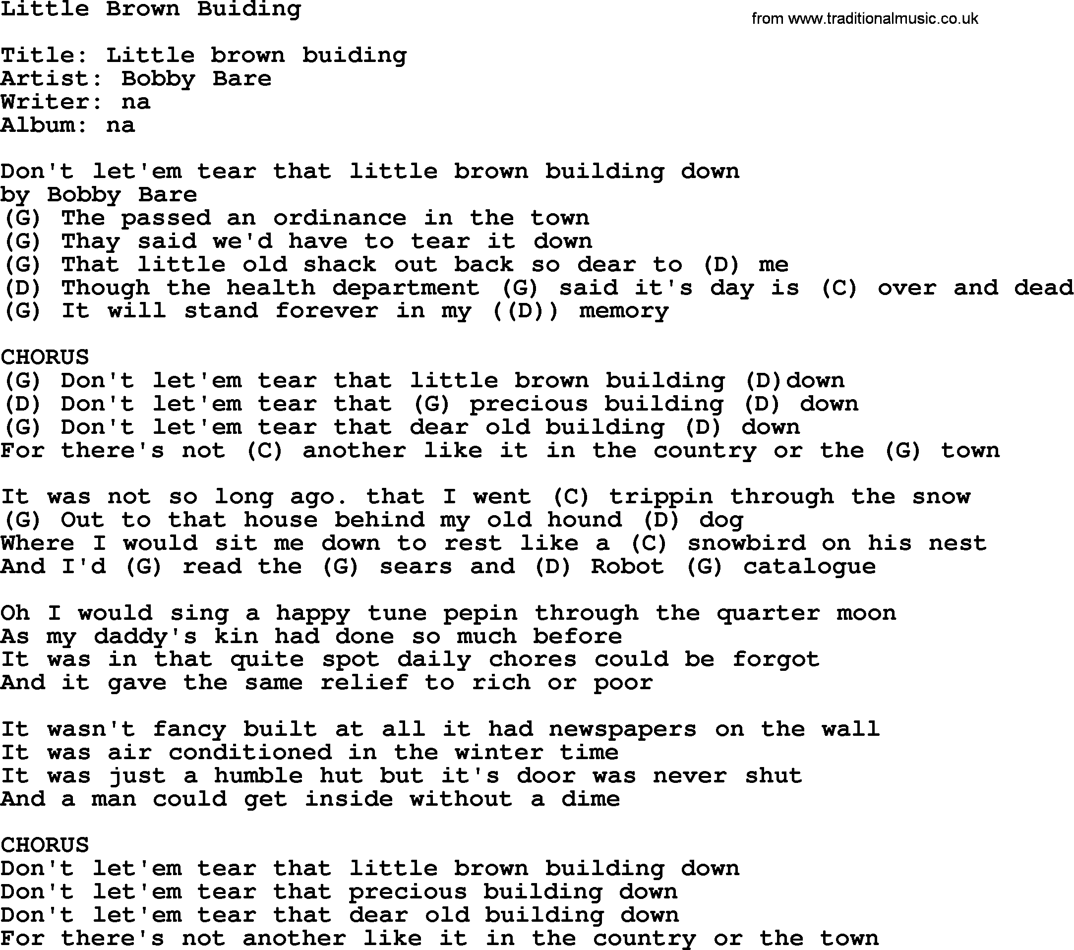 Bluegrass song: Little Brown Buiding, lyrics and chords
