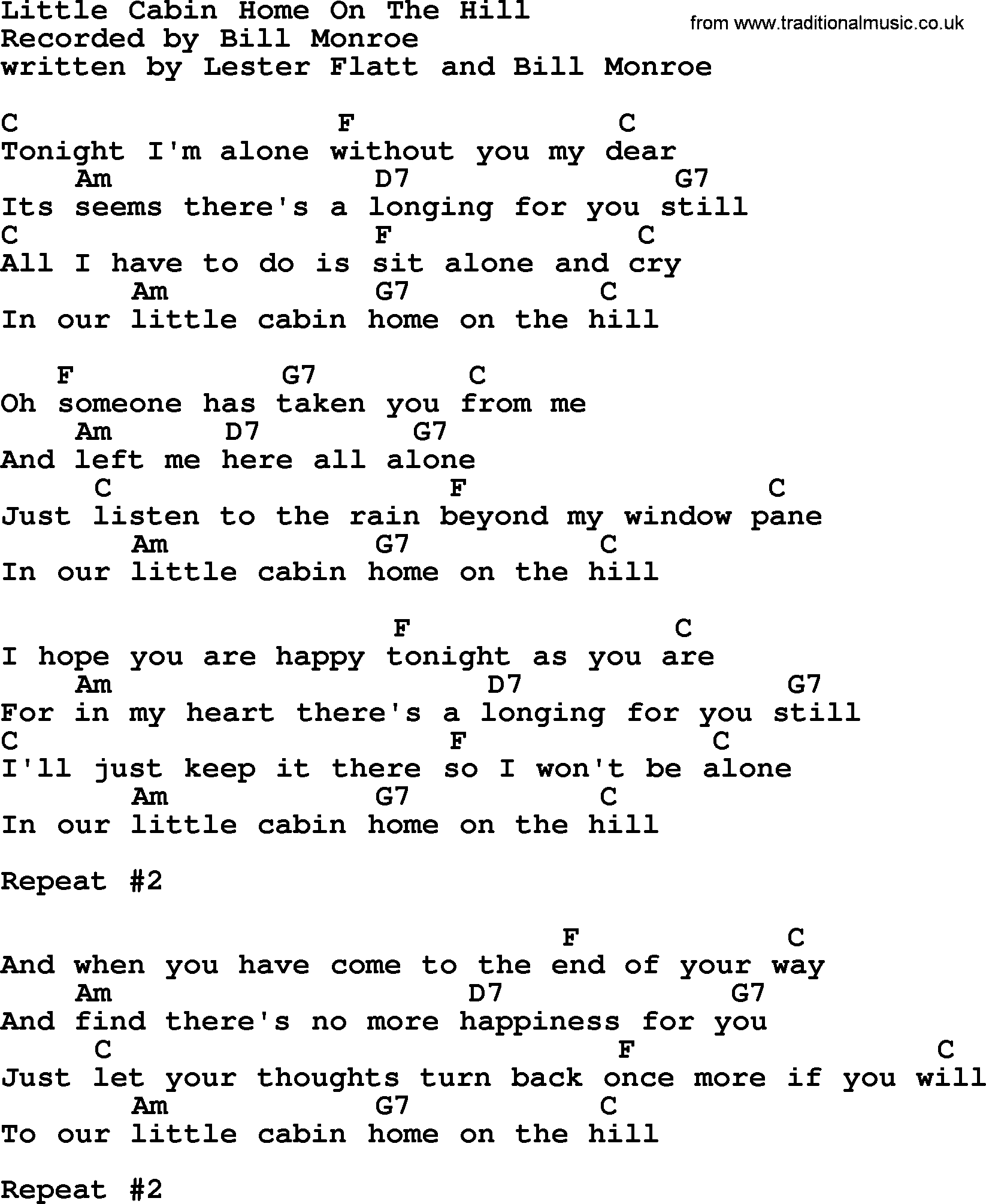 Bluegrass song: Little Cabin Home On The Hill, lyrics and chords