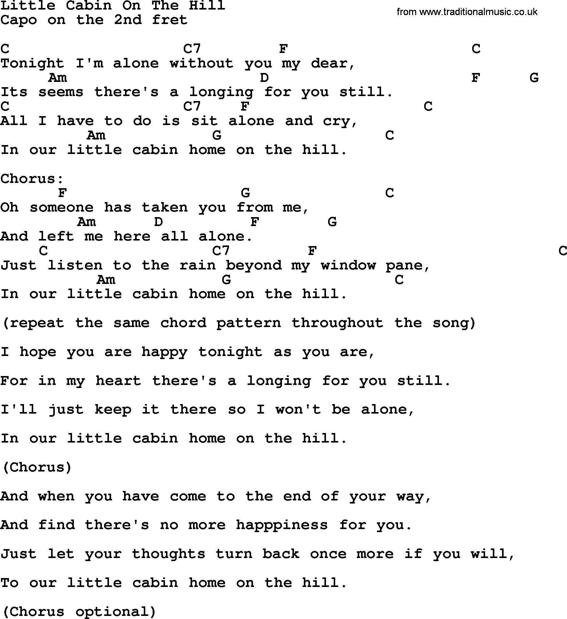 Bluegrass song: Little Cabin On The Hill, lyrics and chords
