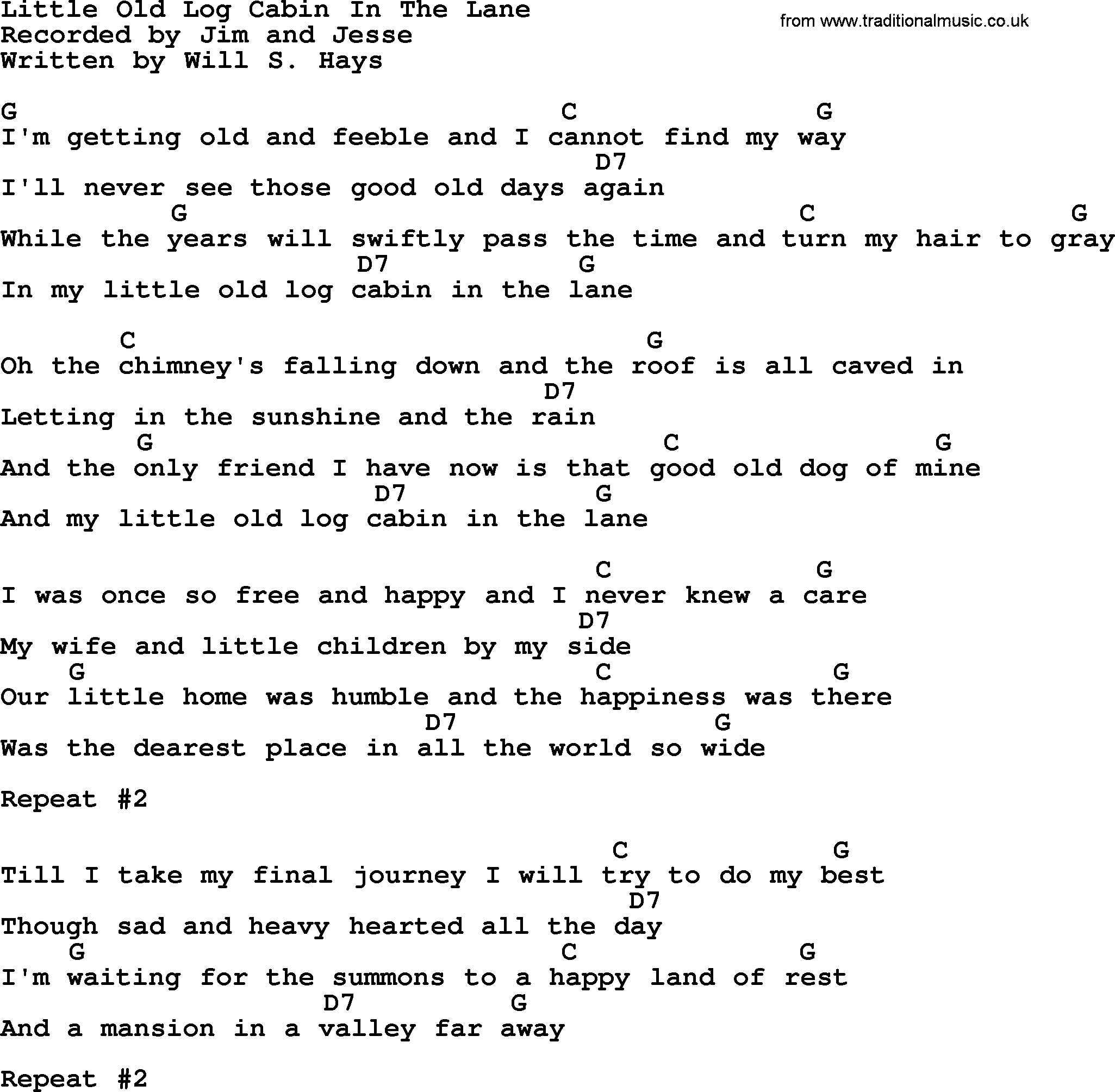 Bluegrass song: Little Old Log Cabin In The Lane, lyrics and chords