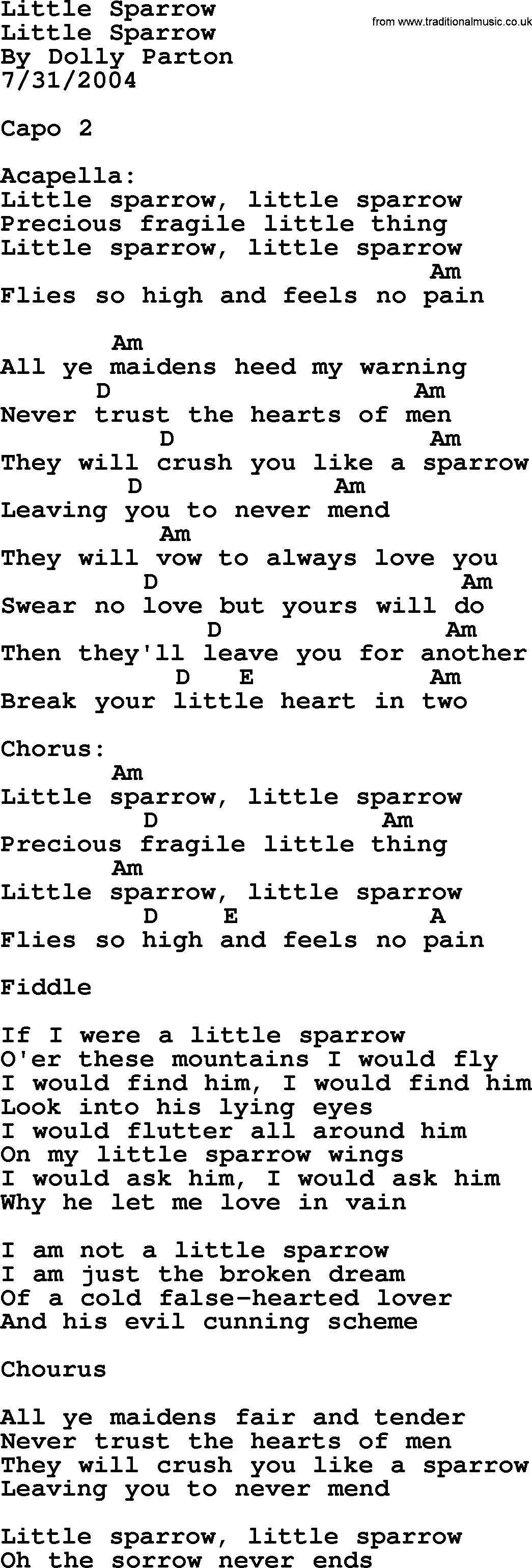 Bluegrass song: Little Sparrow, lyrics and chords