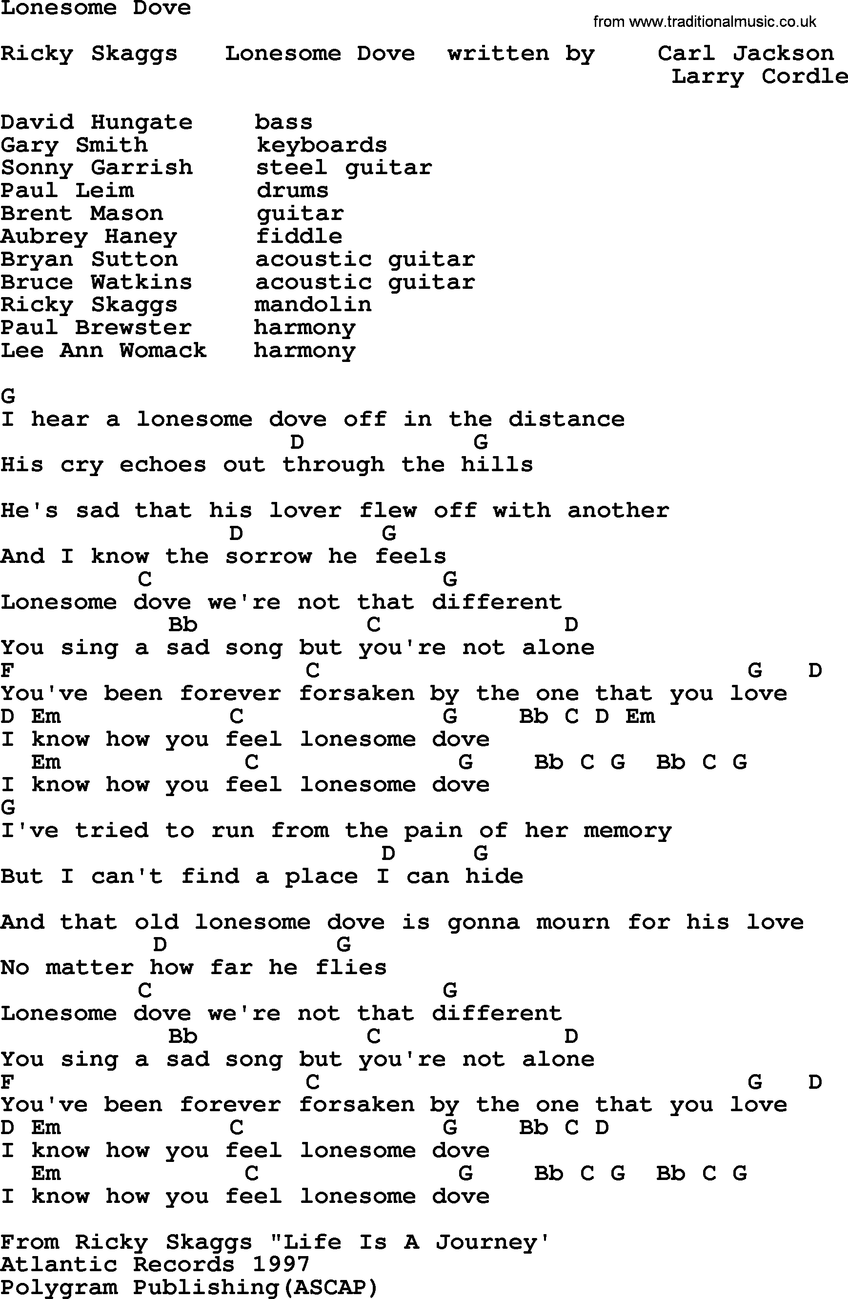 Bluegrass song: Lonesome Dove, lyrics and chords