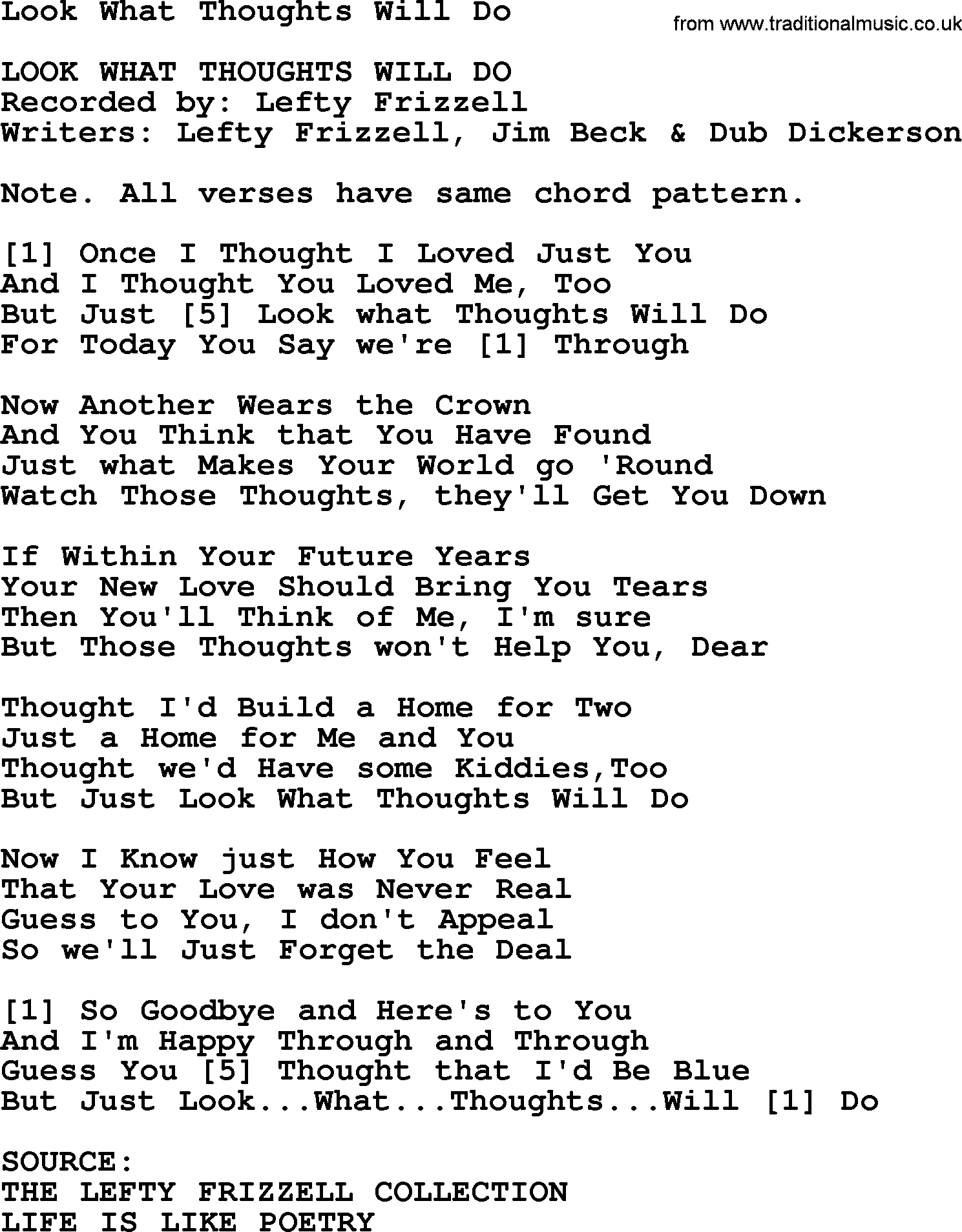 Bluegrass song: Look What Thoughts Will Do, lyrics and chords