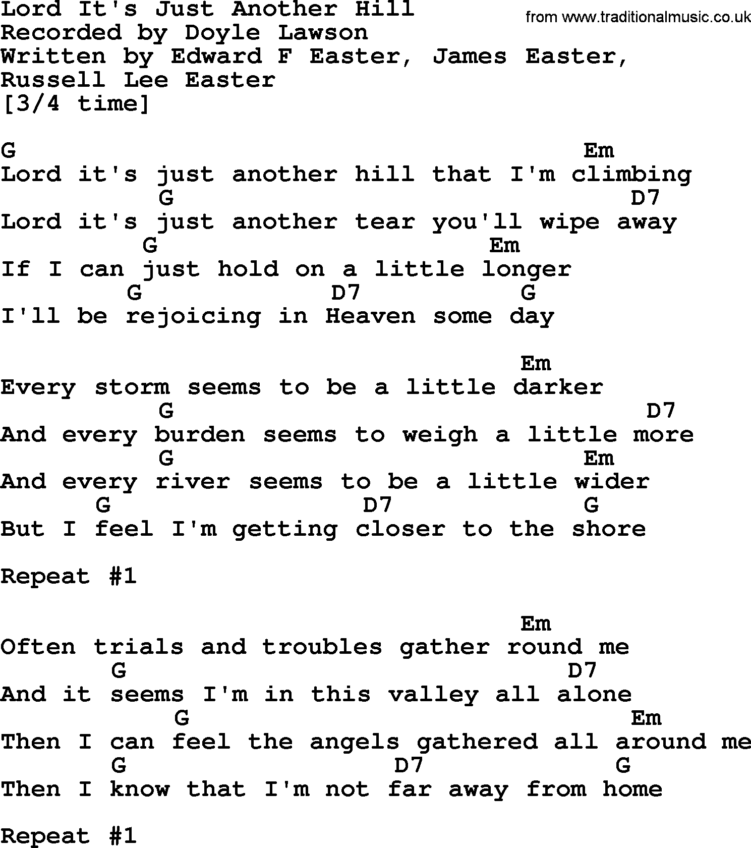 Bluegrass song: Lord It's Just Another Hill, lyrics and chords