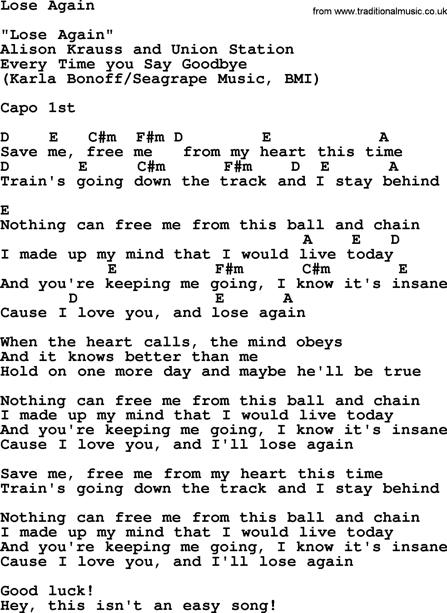 Bluegrass song: Lose Again, lyrics and chords