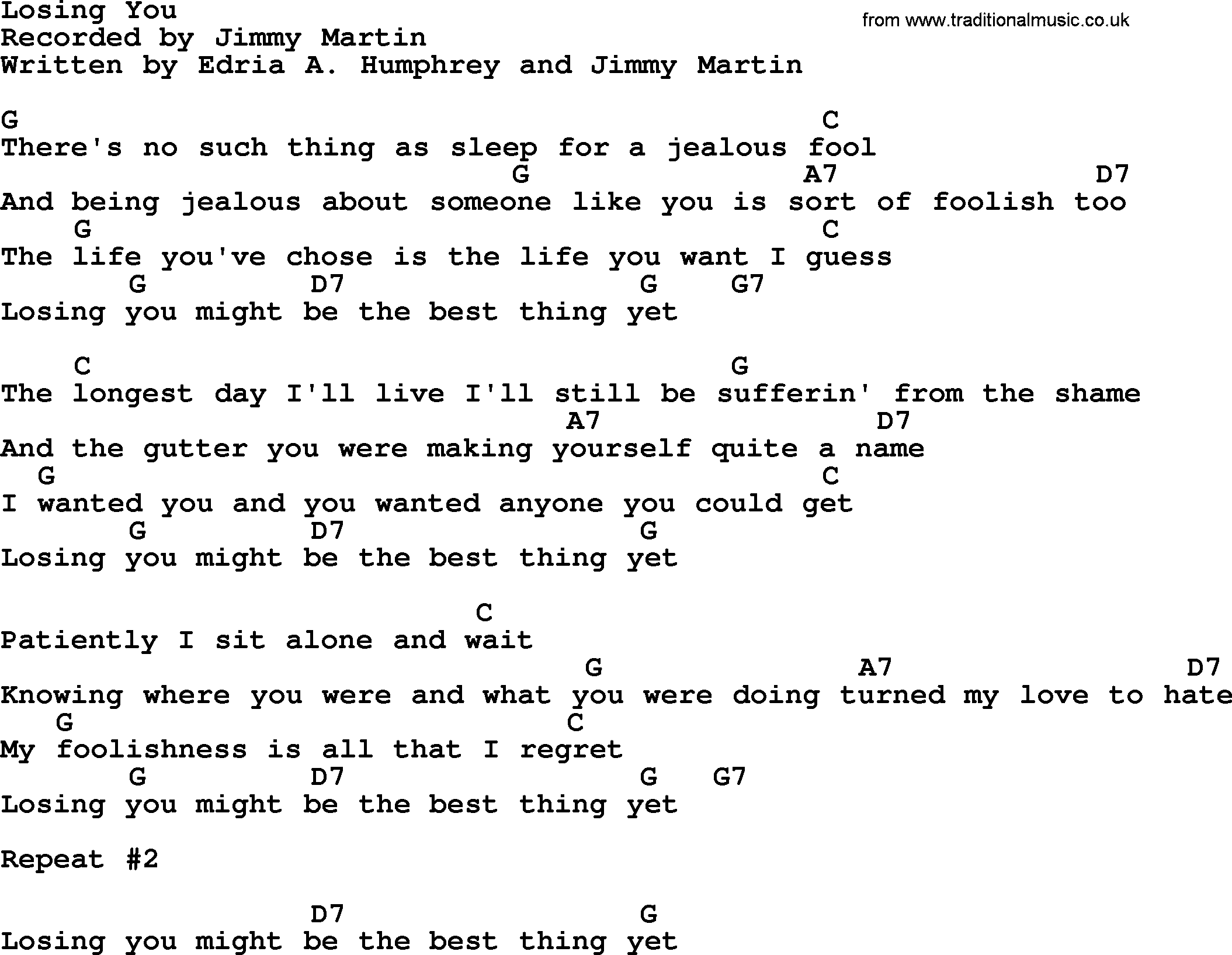 Bluegrass song: Losing You, lyrics and chords