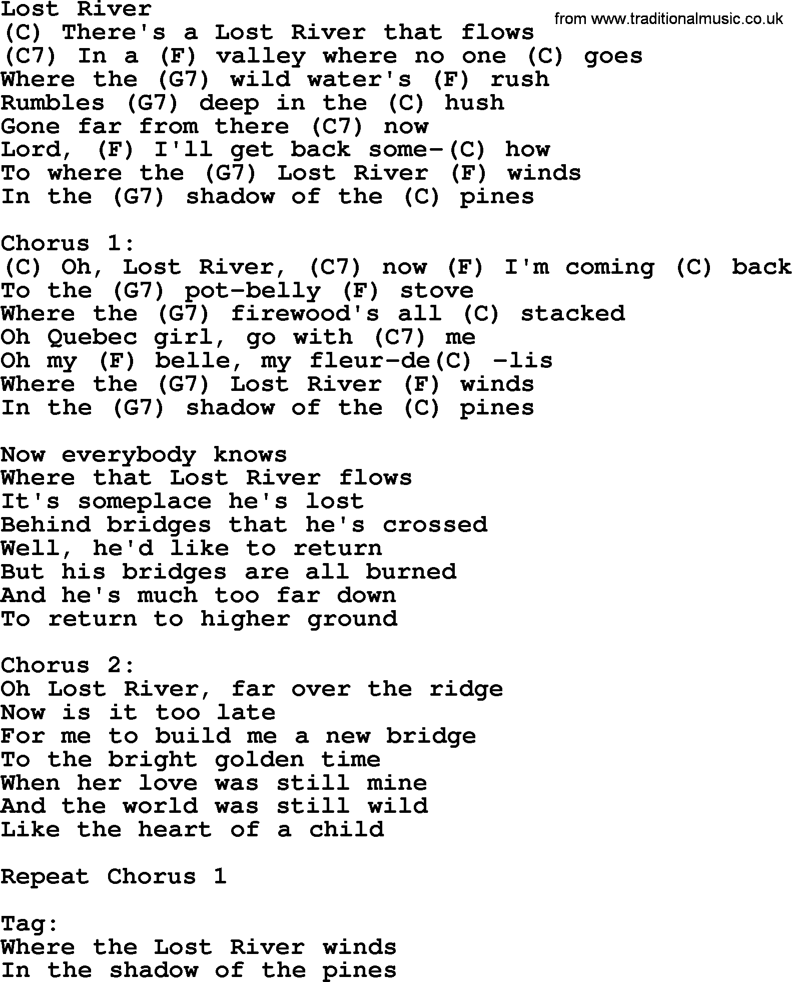 Bluegrass song: Lost River, lyrics and chords