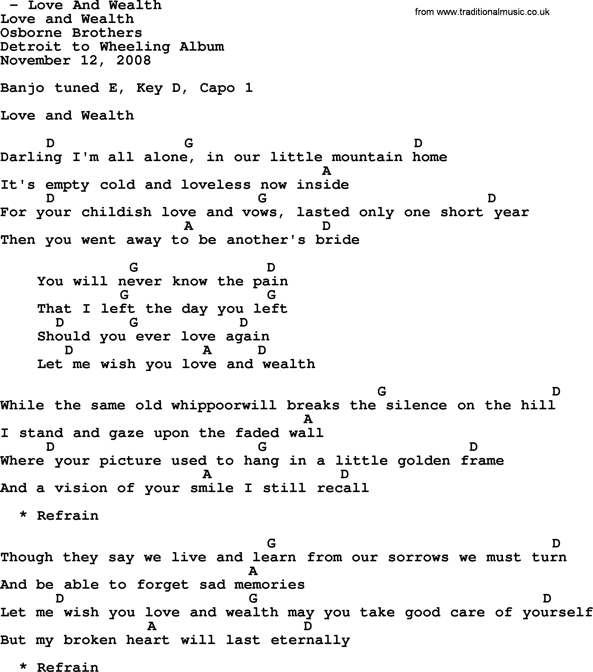 Bluegrass song: Love And Wealth, lyrics and chords