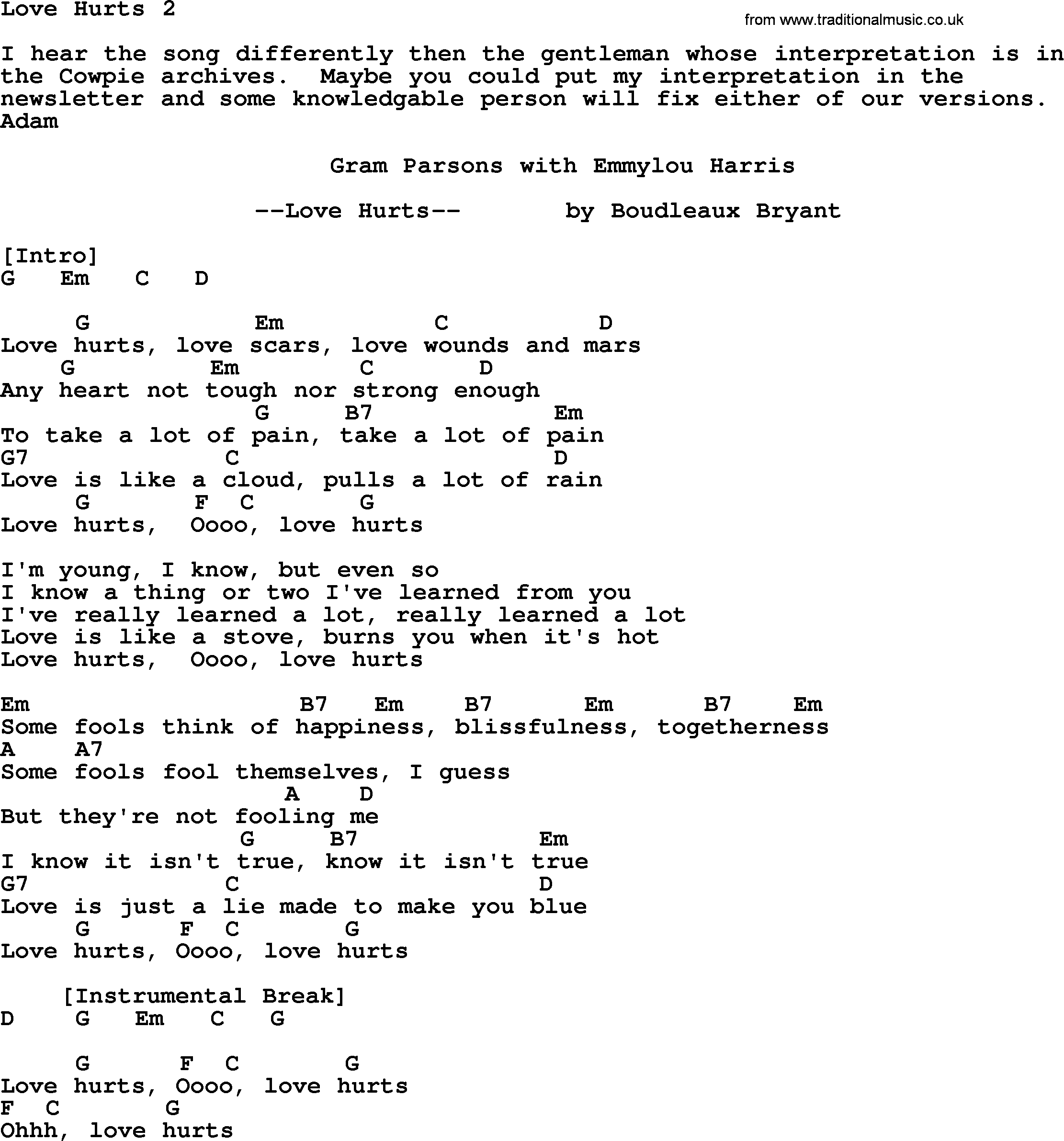 Bluegrass song: Love Hurts 2, lyrics and chords