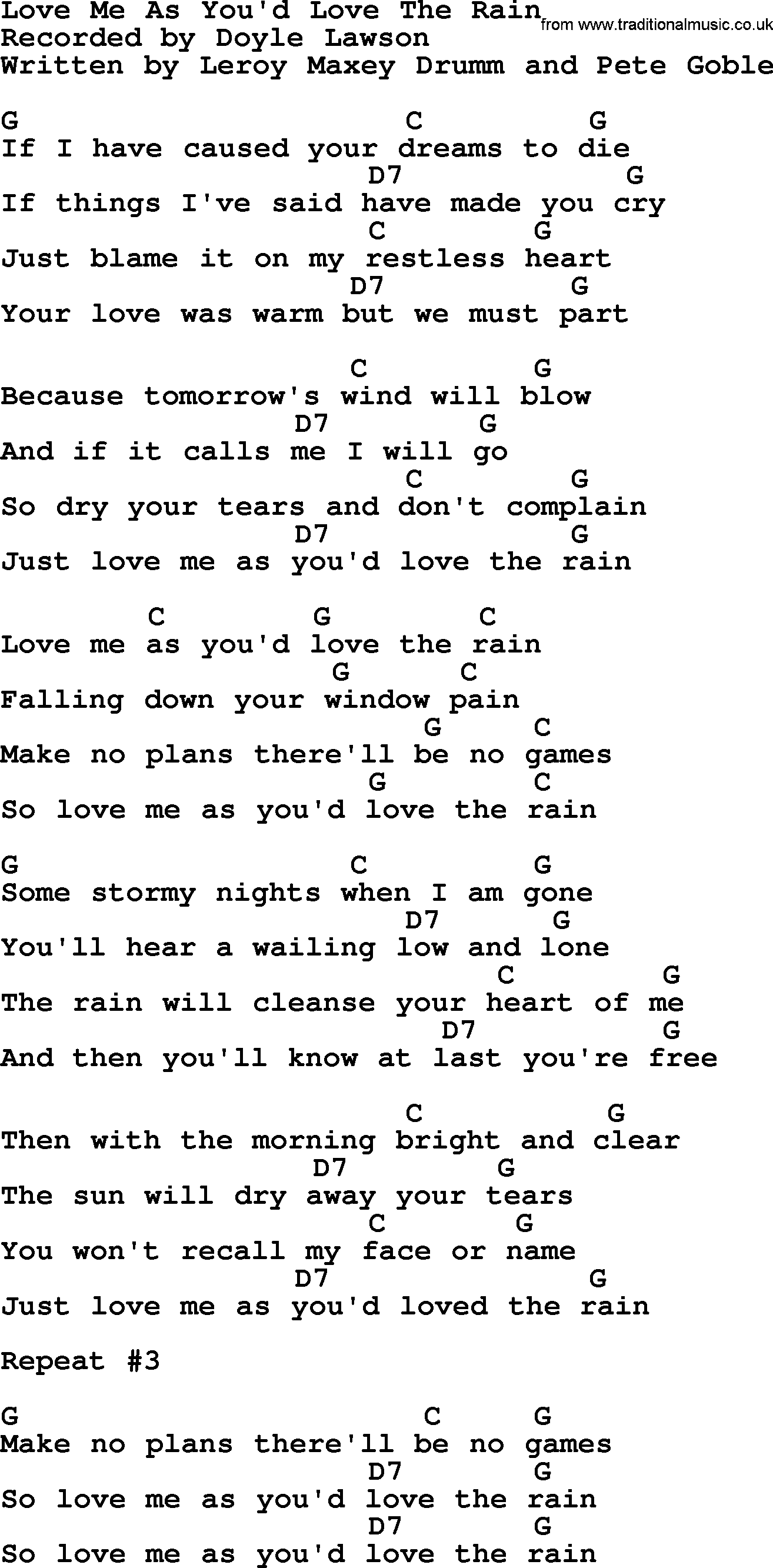 Bluegrass song: Love Me As You'd Love The Rain, lyrics and chords