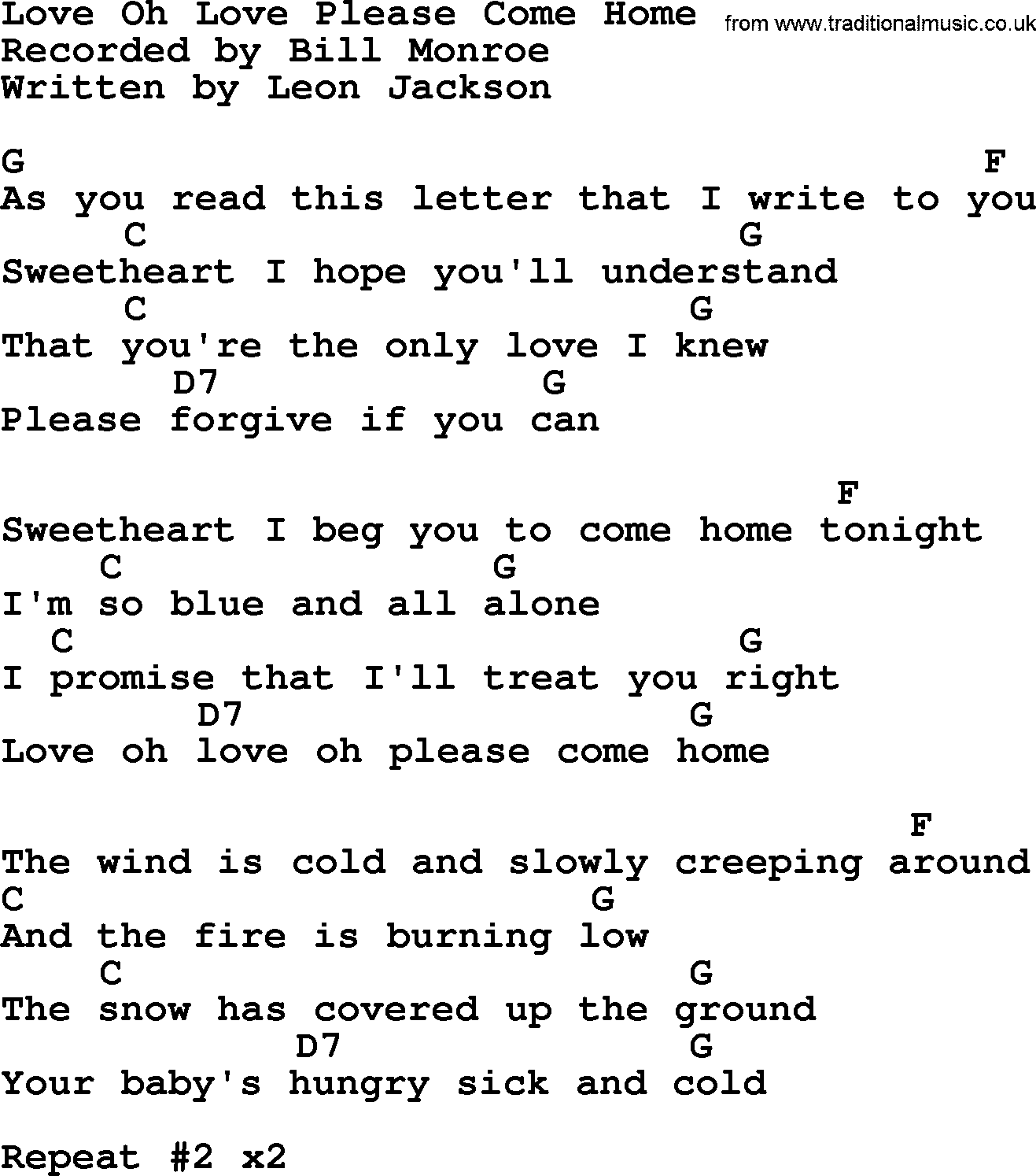 Bluegrass song: Love Oh Love Please Come Home, lyrics and chords