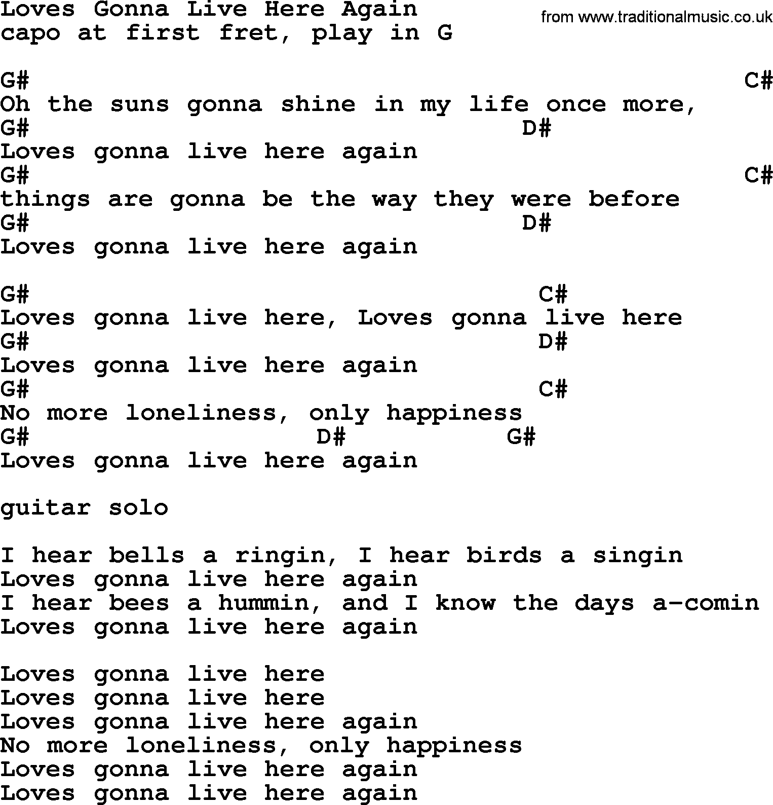 Bluegrass song: Loves Gonna Live Here Again, lyrics and chords