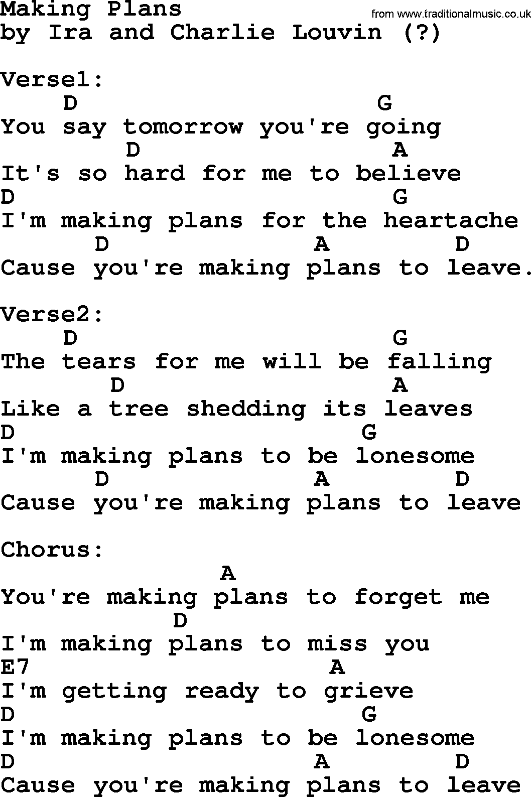 Bluegrass song: Making Plans, lyrics and chords