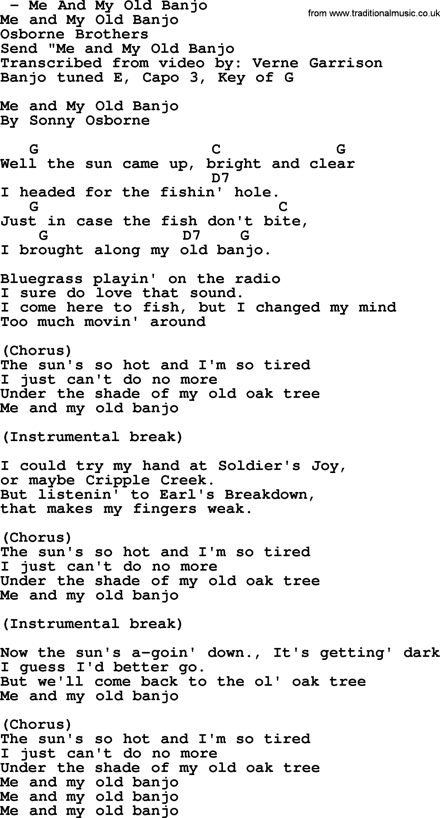 Bluegrass song: Me And My Old Banjo, lyrics and chords