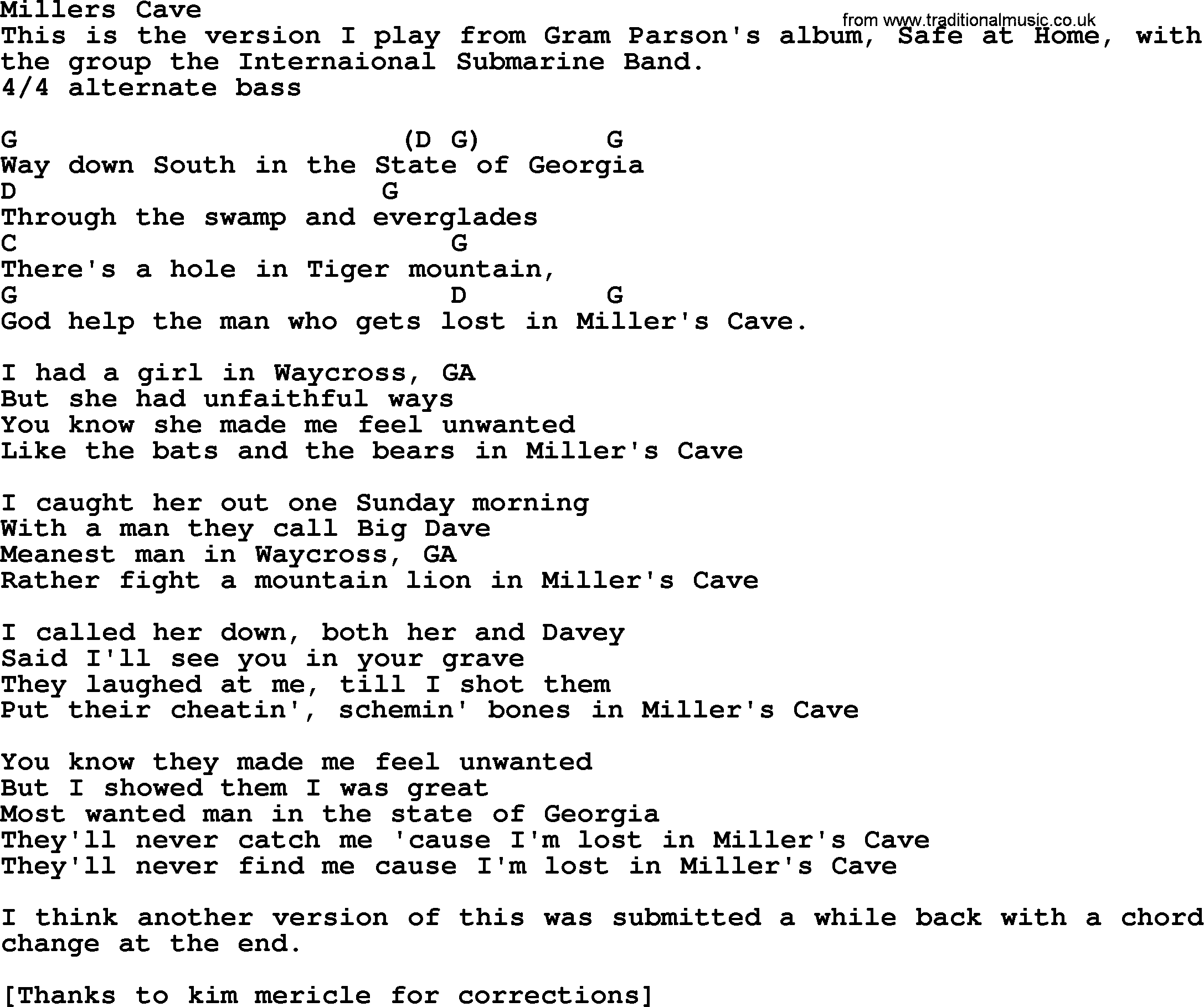Bluegrass song: Millers Cave, lyrics and chords