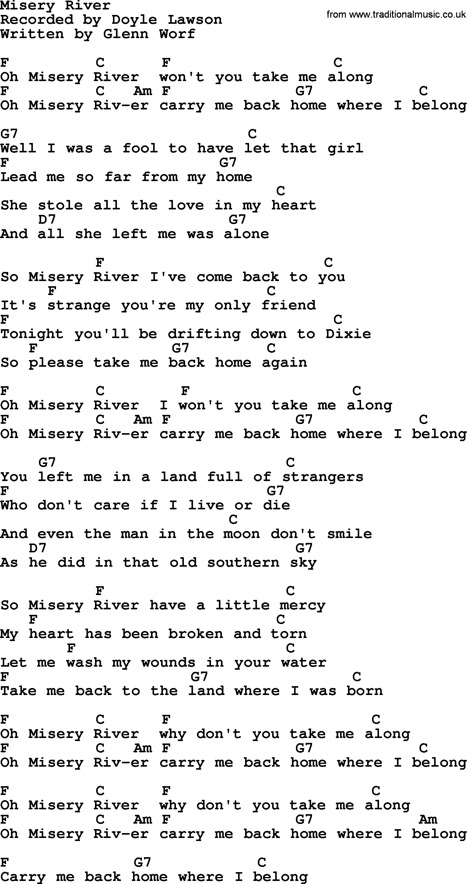 Bluegrass song: Misery River, lyrics and chords