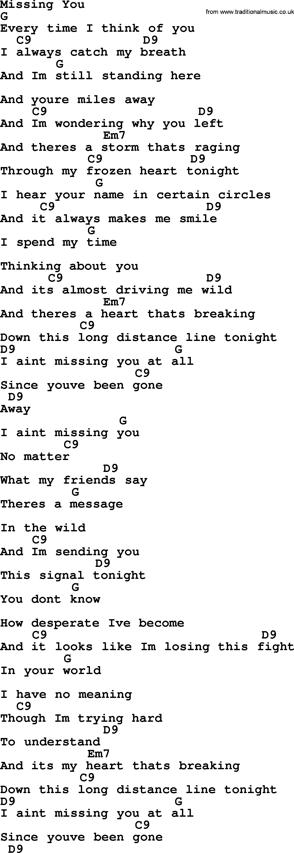 Bluegrass song: Missing You, lyrics and chords