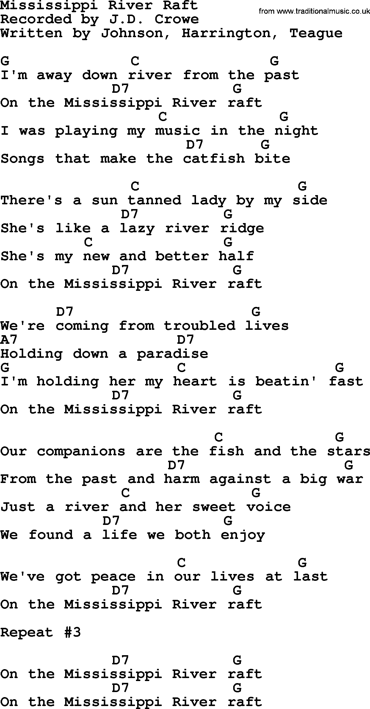 Bluegrass song: Mississippi River Raft, lyrics and chords