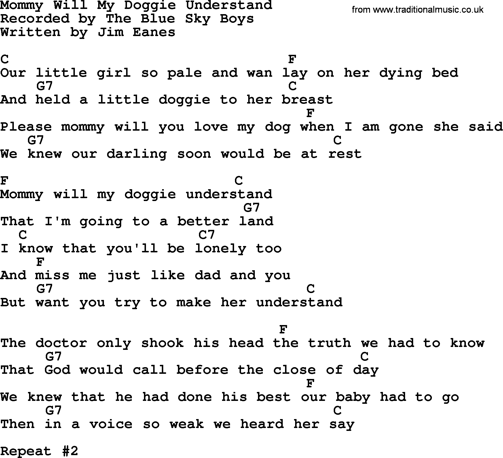 Bluegrass song: Mommy Will My Doggie Understand, lyrics and chords