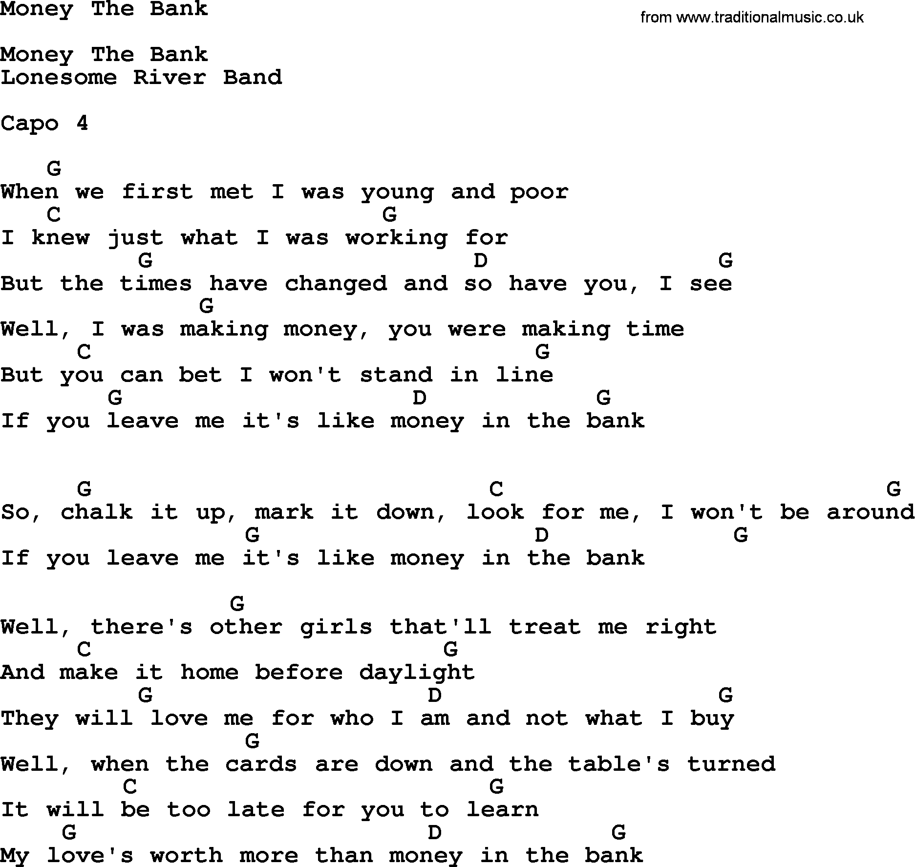 Bluegrass song: Money The Bank, lyrics and chords