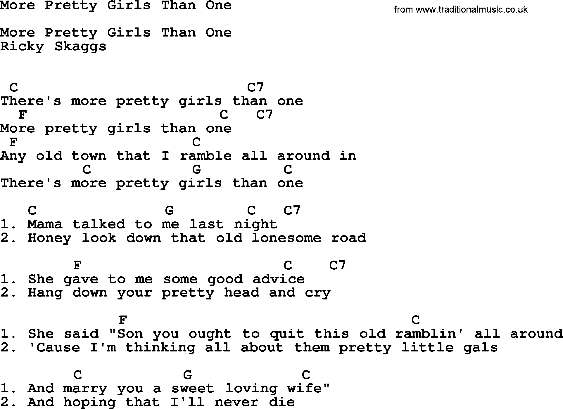 Bluegrass song: More Pretty Girls Than One, lyrics and chords