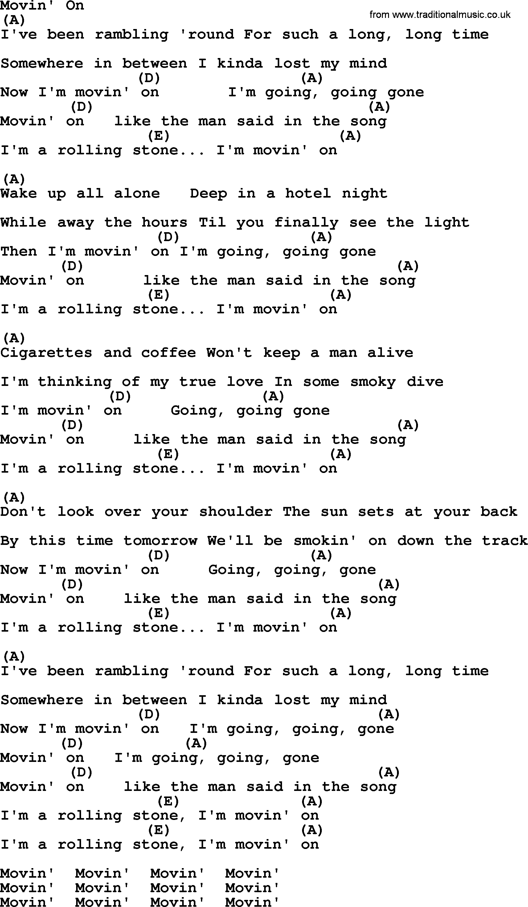Bluegrass song: Movin' On, lyrics and chords