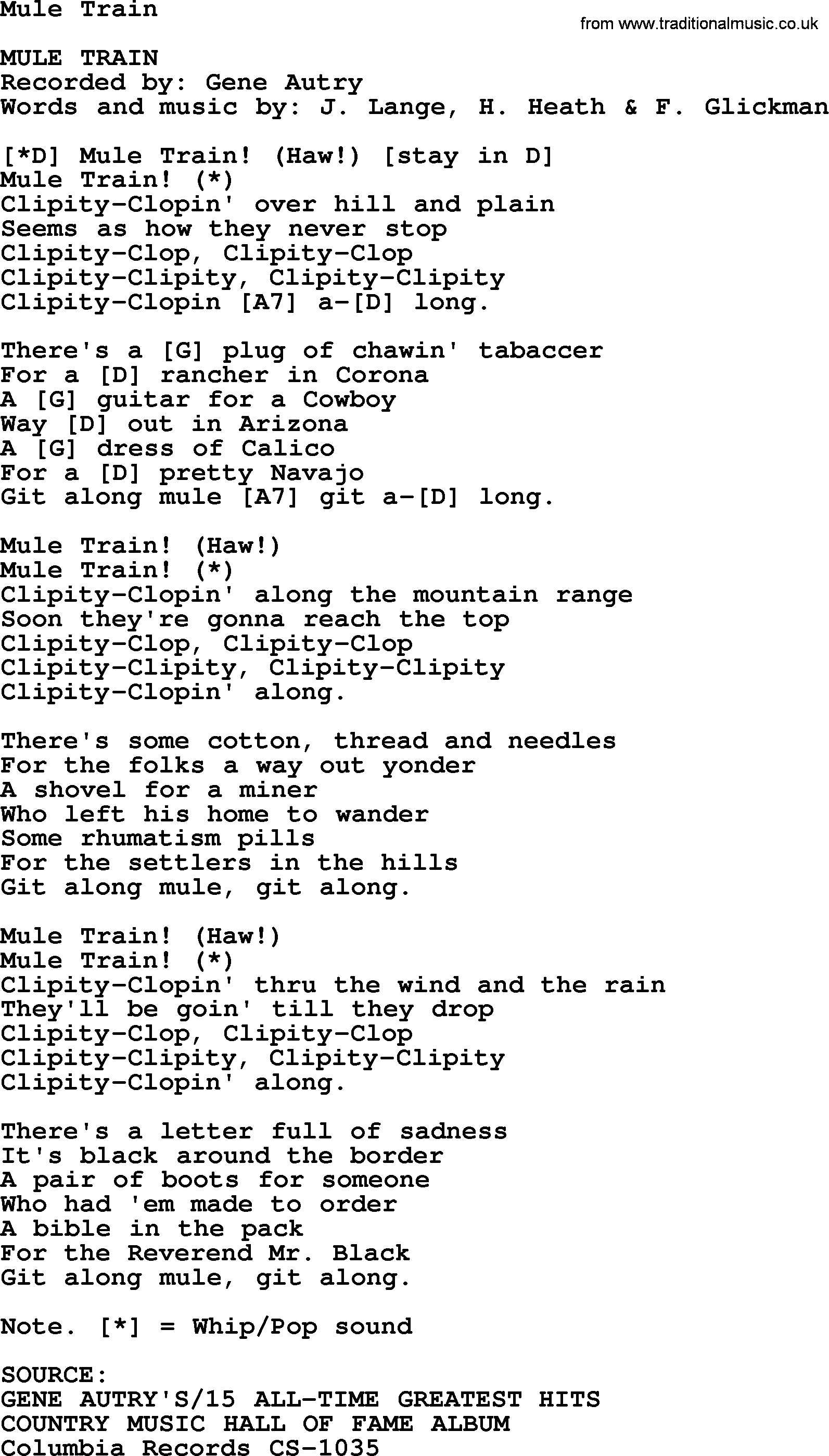Bluegrass song: Mule Train, lyrics and chords