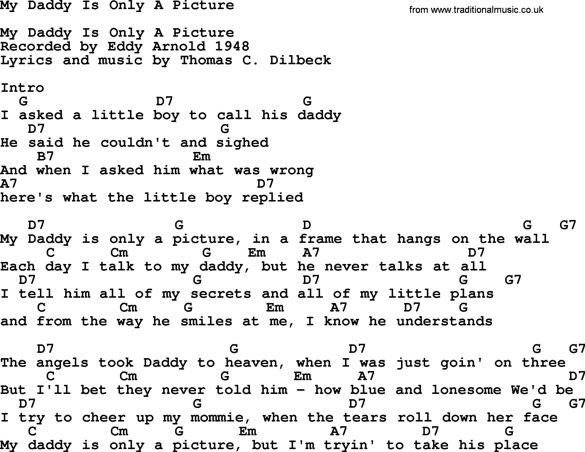 Bluegrass song: My Daddy Is Only A Picture, lyrics and chords