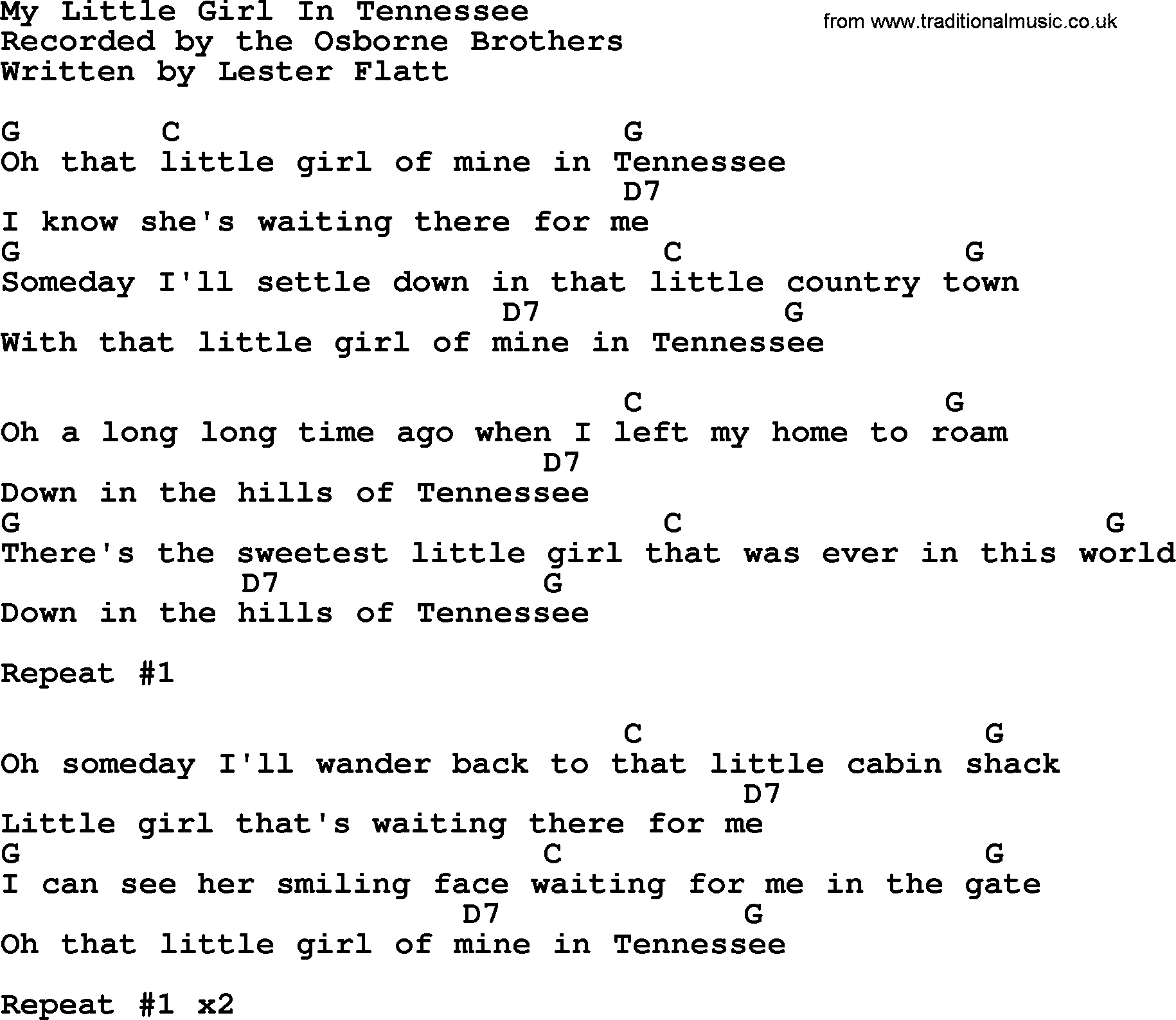 Bluegrass song: My Little Girl In Tennessee, lyrics and chords