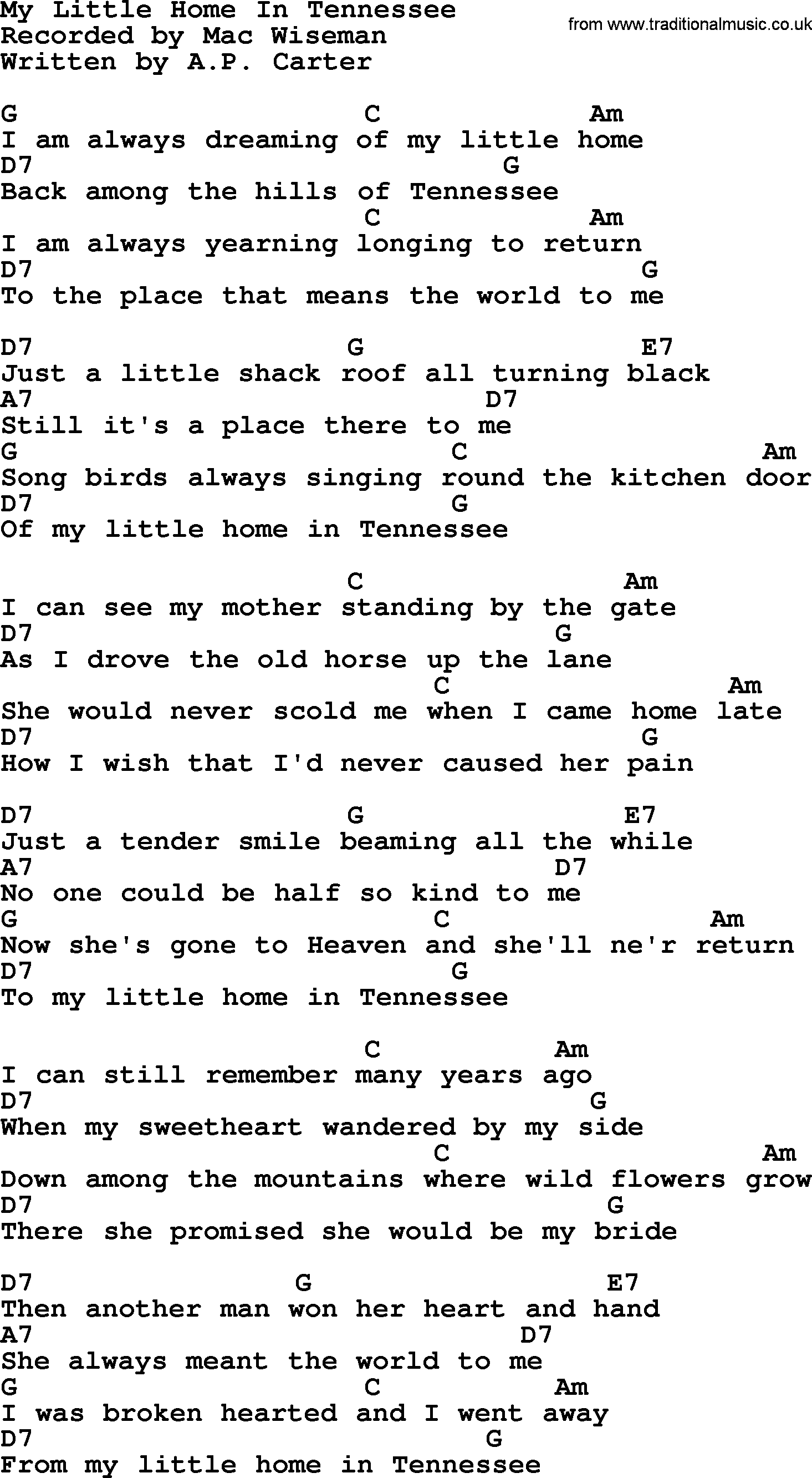 Bluegrass song: My Little Home In Tennessee, lyrics and chords