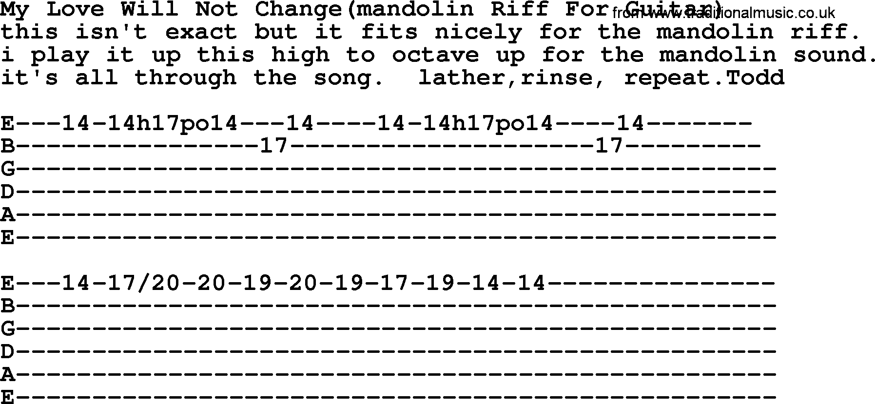 Bluegrass song: My Love Will Not Change(Riff For Guitar), lyrics and chords