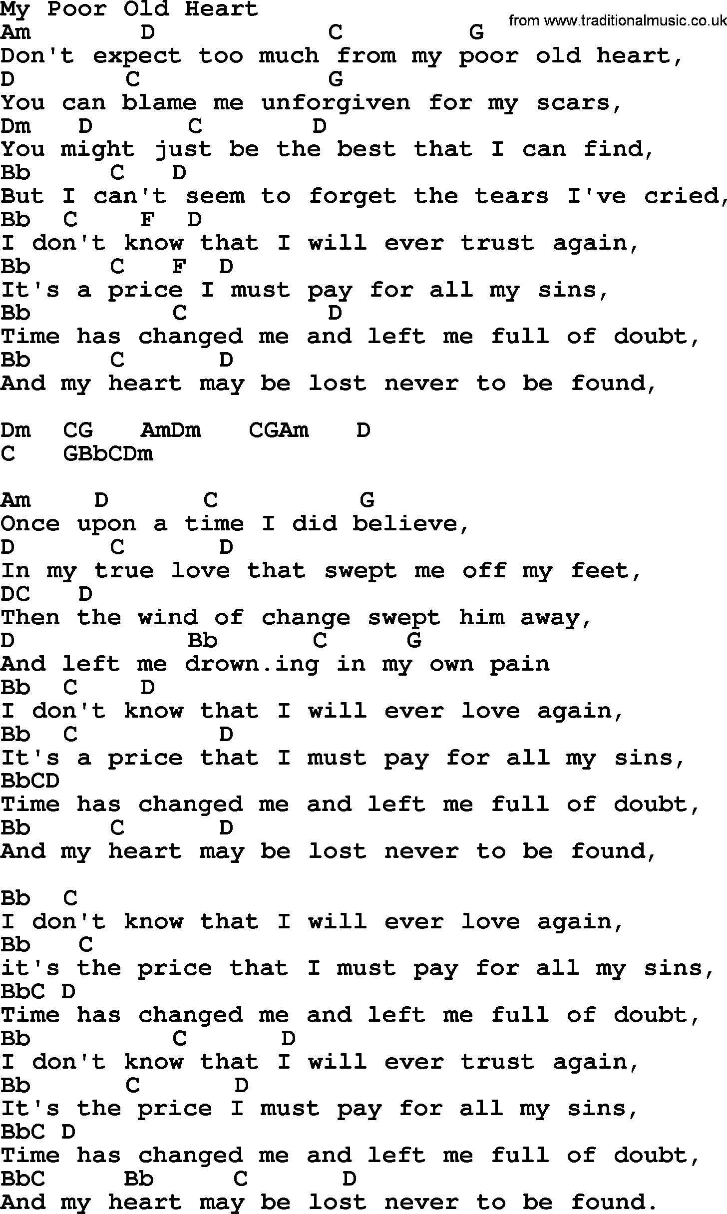 Bluegrass song: My Poor Old Heart, lyrics and chords