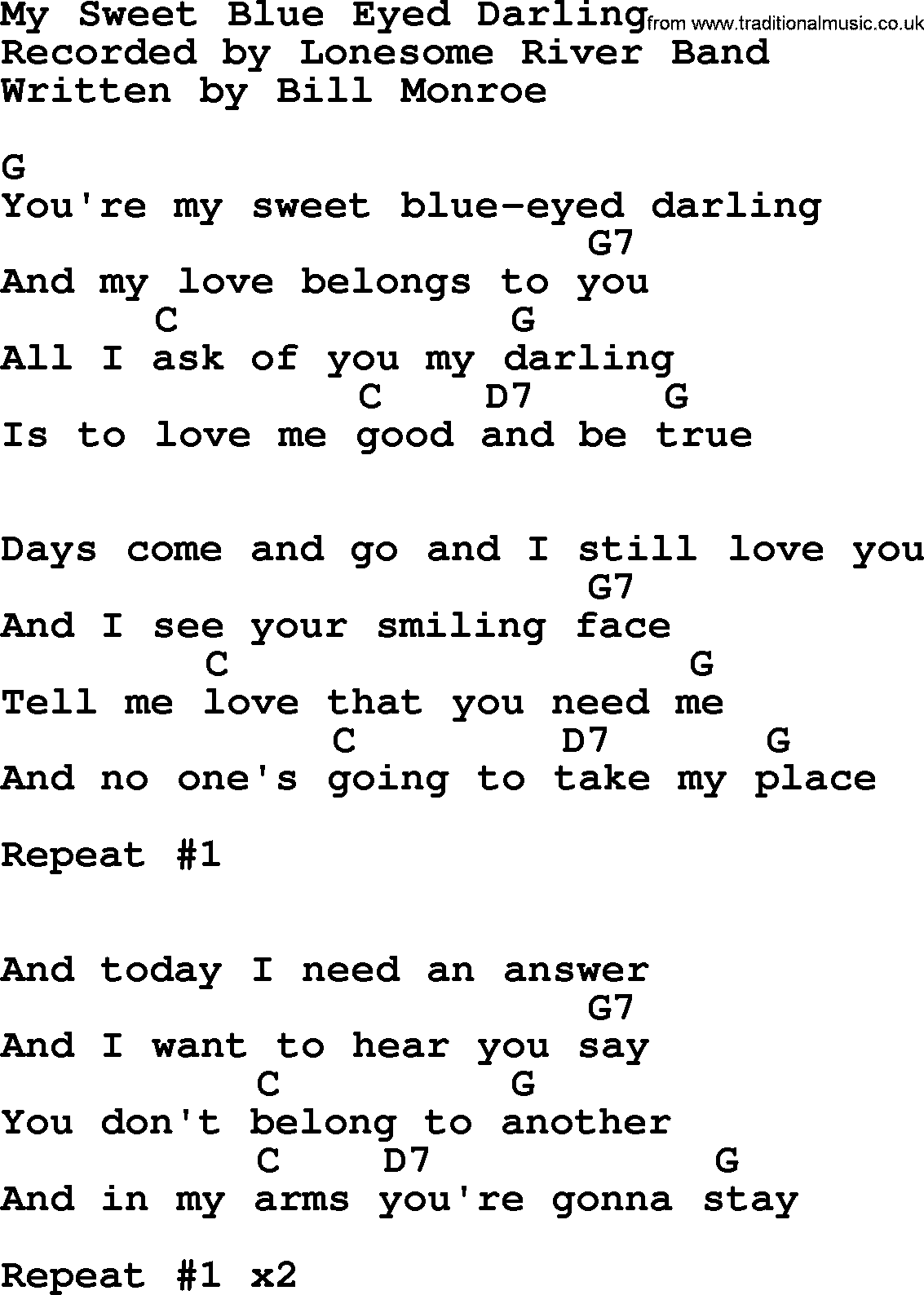 Bluegrass song: My Sweet Blue Eyed Darling, lyrics and chords