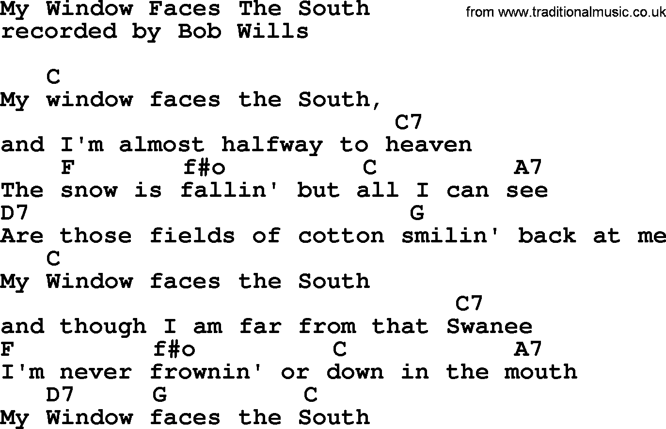 Bluegrass song: My Window Faces The South, lyrics and chords