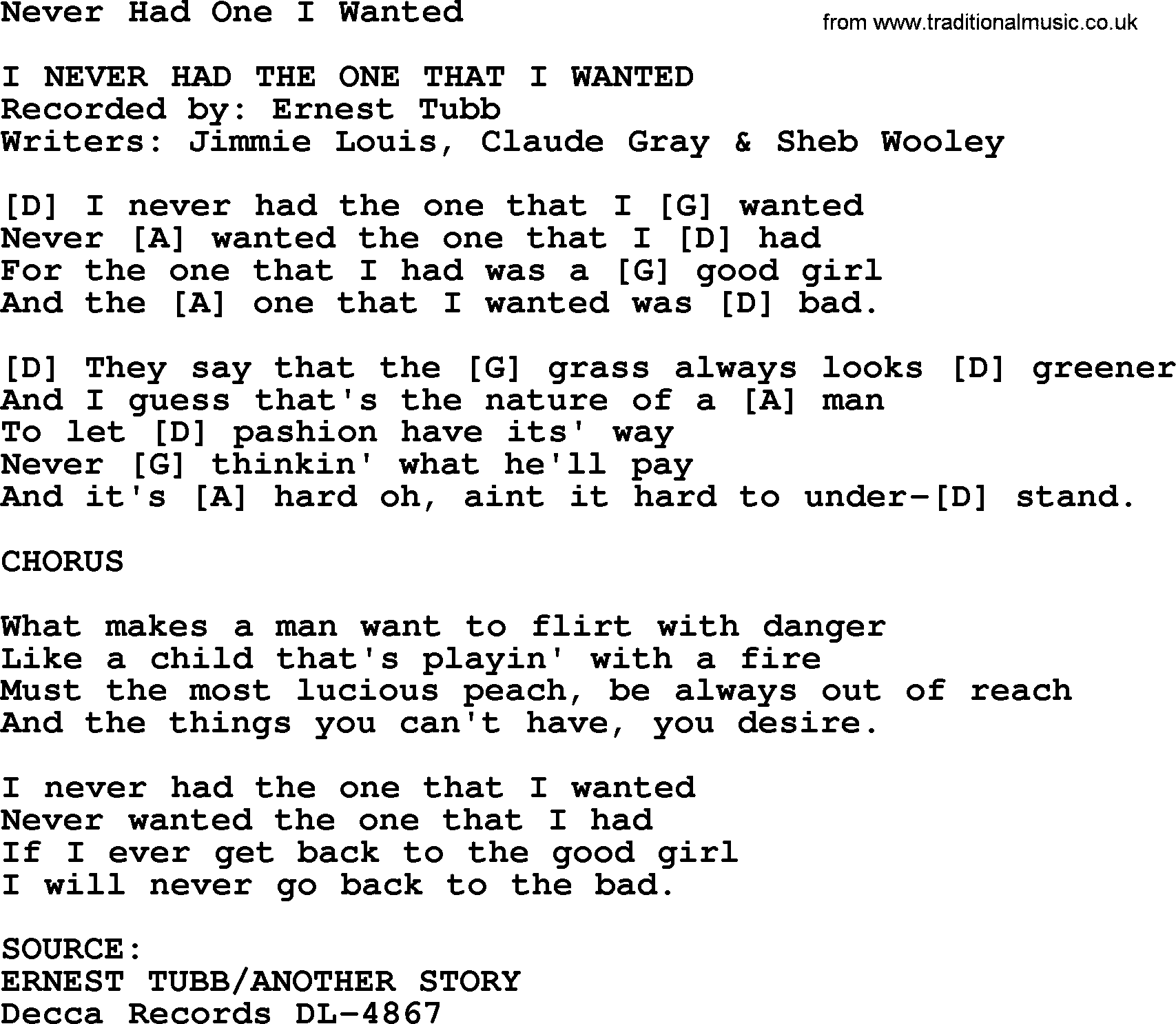 Bluegrass song: Never Had One I Wanted, lyrics and chords