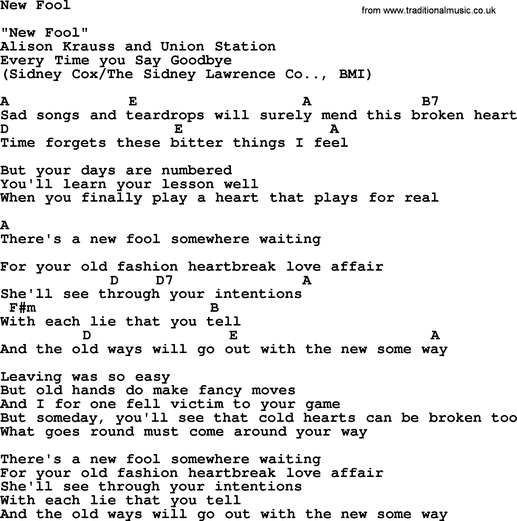 Bluegrass song: New Fool, lyrics and chords