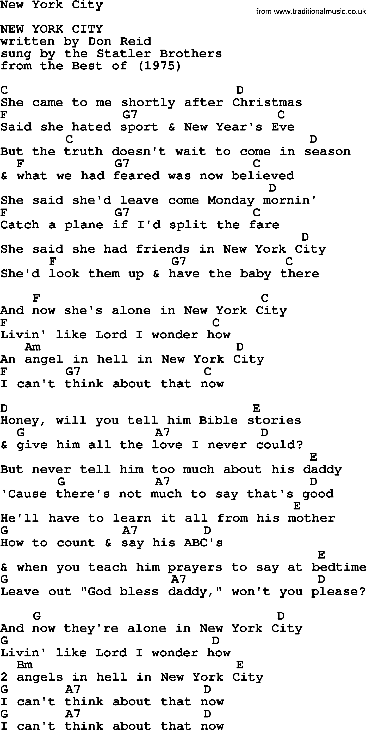 Bluegrass song: New York City, lyrics and chords