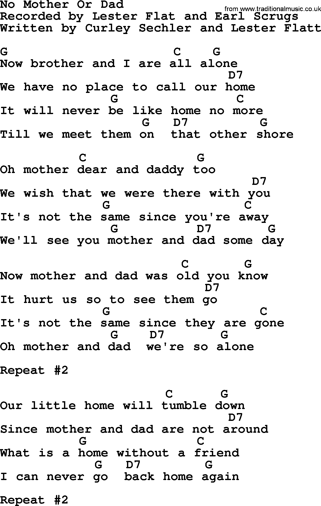 Bluegrass song: No Mother Or Dad, lyrics and chords