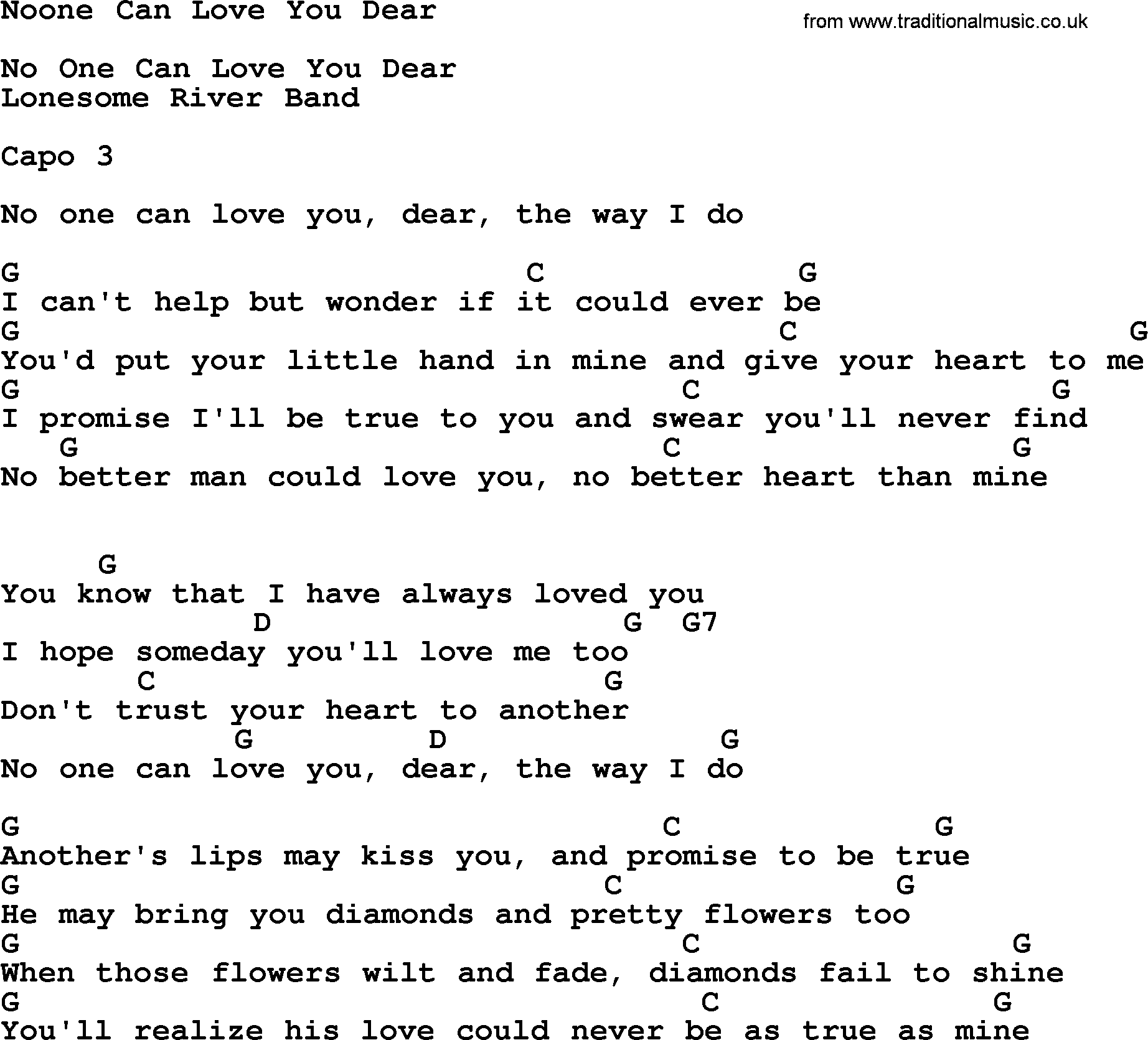 Bluegrass song: Noone Can Love You Dear, lyrics and chords