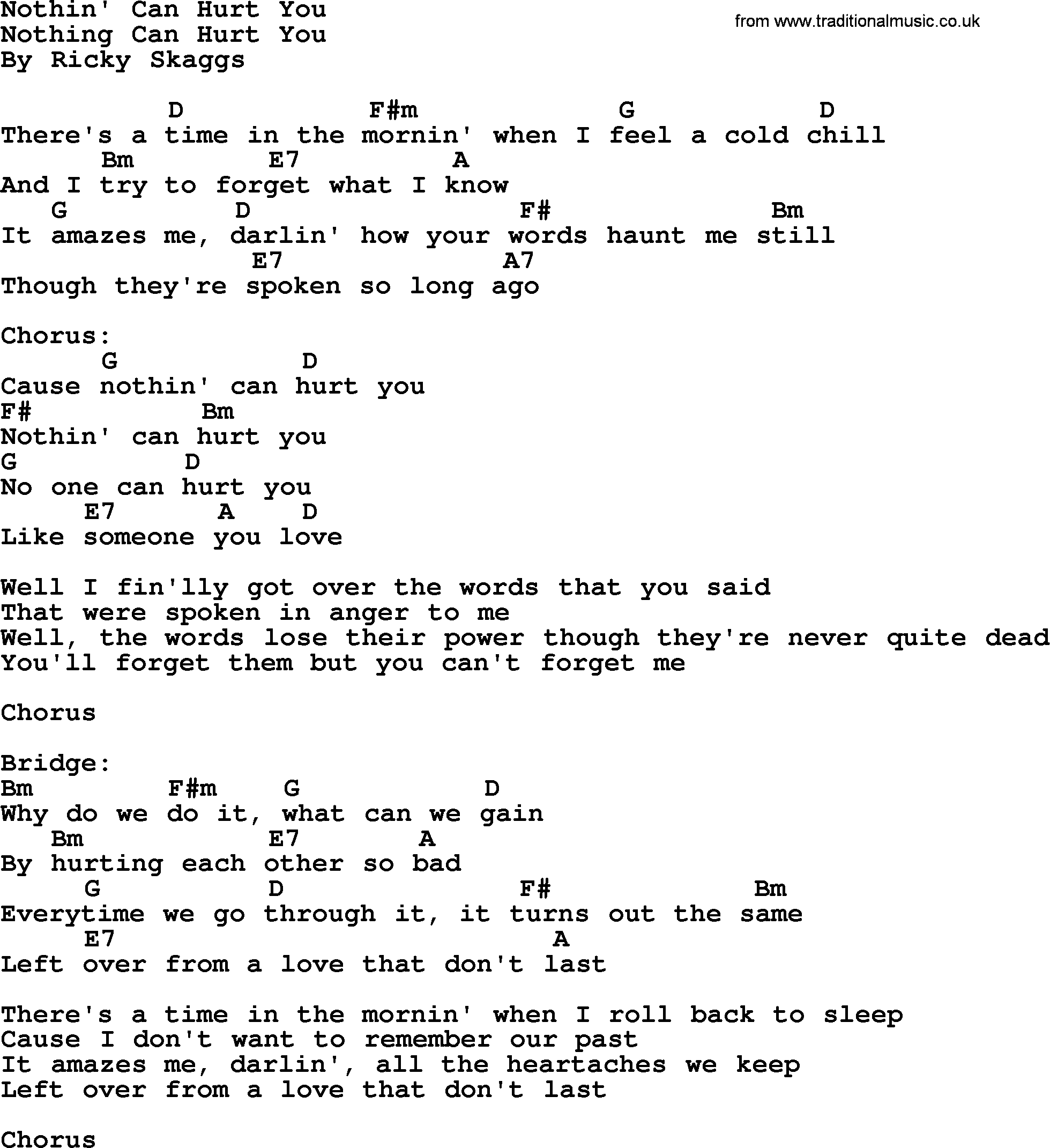 Bluegrass song: Nothin' Can Hurt You, lyrics and chords