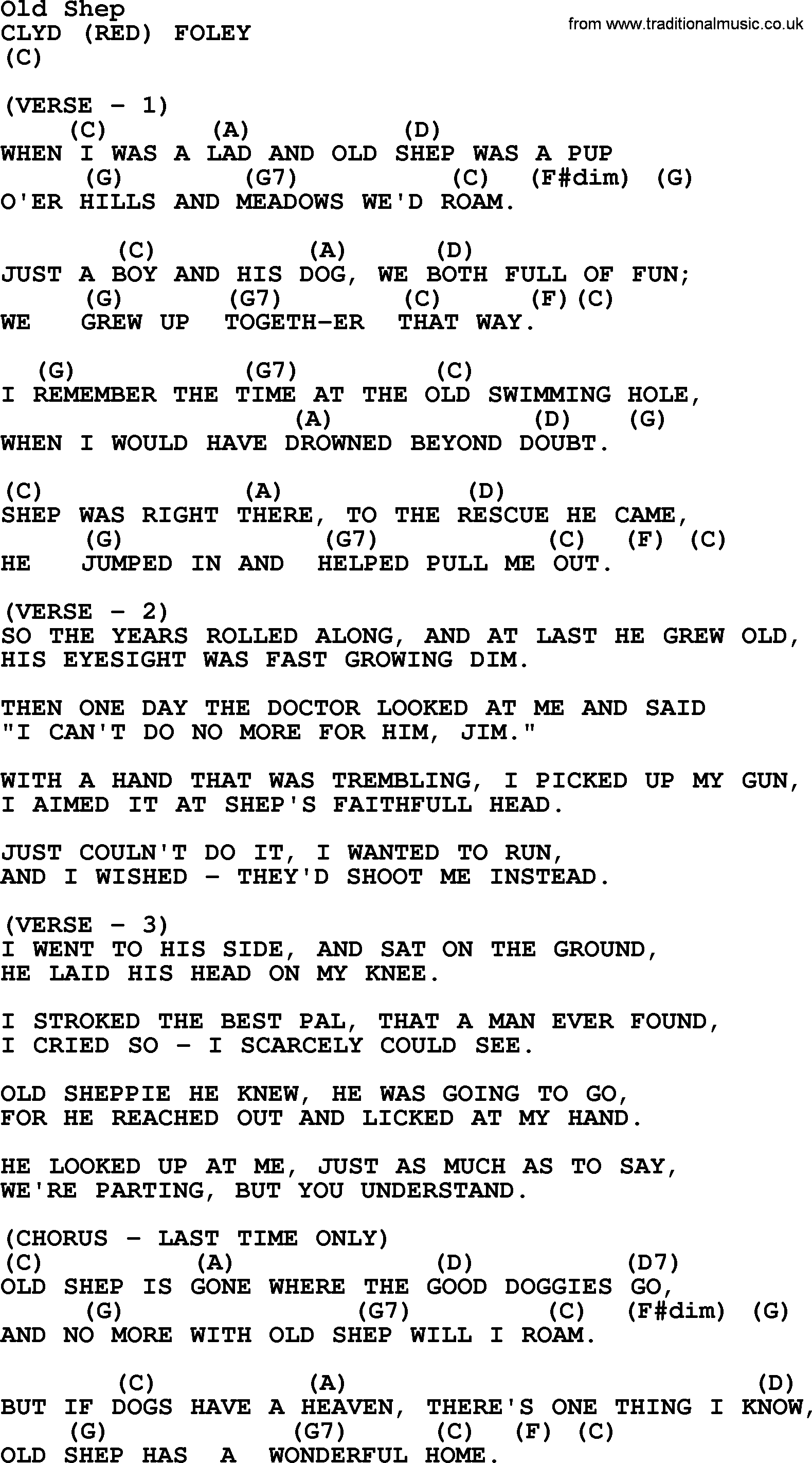 Bluegrass song: Old Shep, lyrics and chords