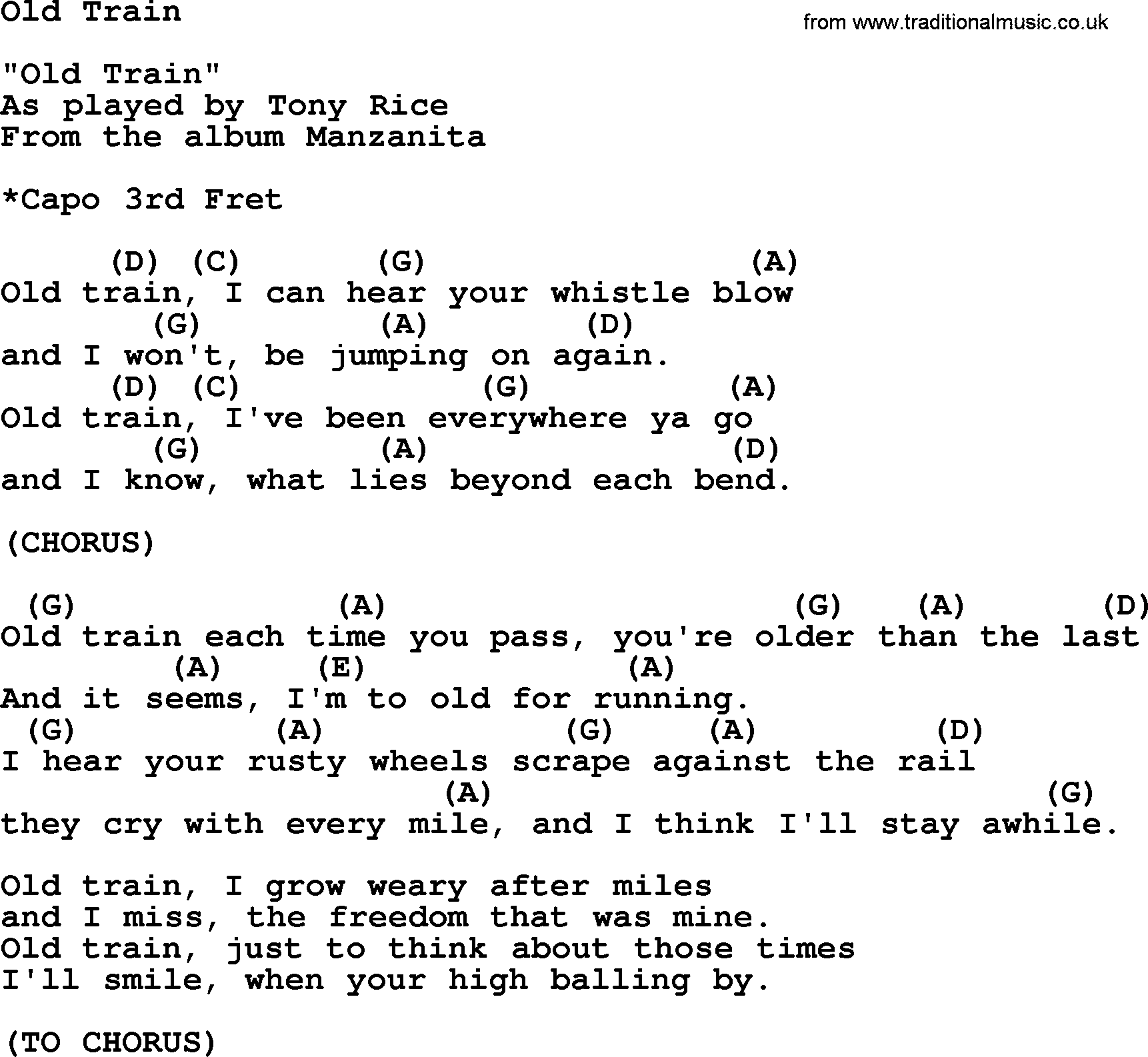 Bluegrass song: Old Train, lyrics and chords